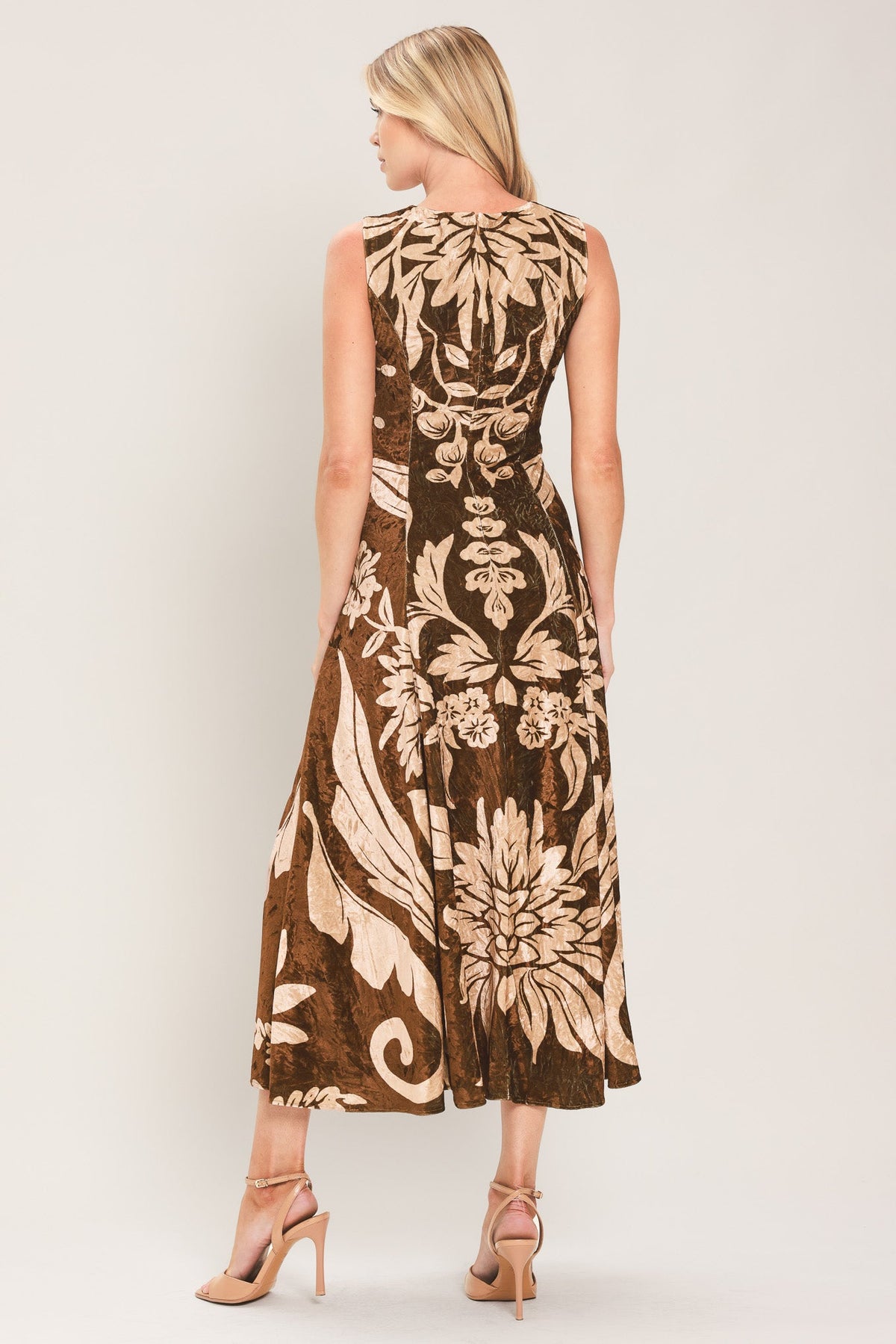 COCOA BLOOM BROWN PRINTED VELVET CIRCLE-SKIRT MIDI DRESS