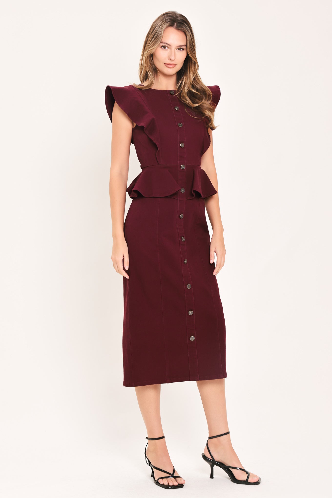 BURGUNDY RUFFLE REVERENCE WOVEN MIDI DRESS