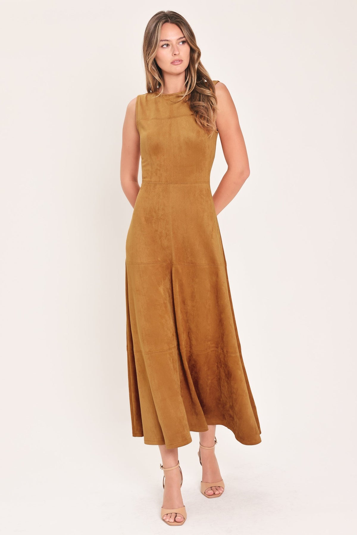 HARVEST MOON CAMEL FAUX SUEDE FIT & FLARE MIDI DRESS
