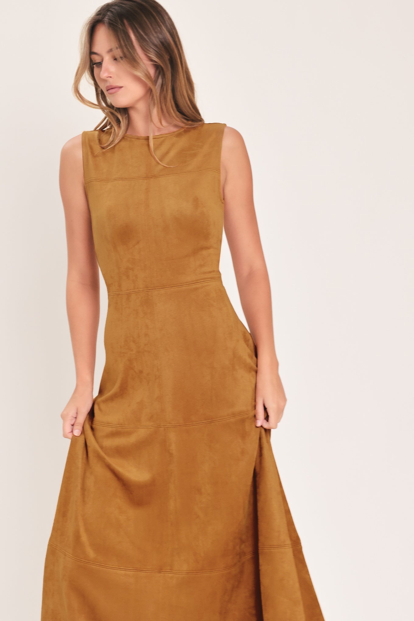 HARVEST MOON CAMEL FAUX SUEDE FIT & FLARE MIDI DRESS