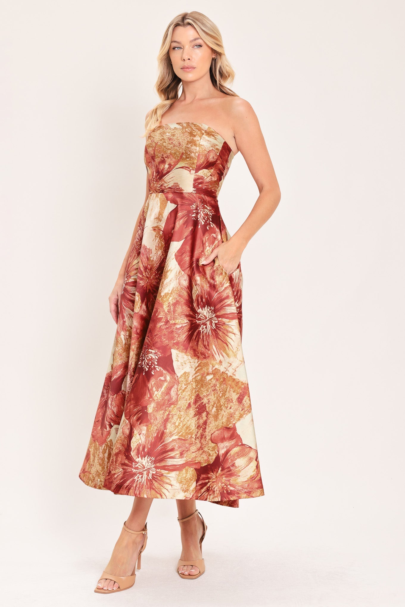 CINNAMON FLORA DRIFT WOVEN MIDI DRESS