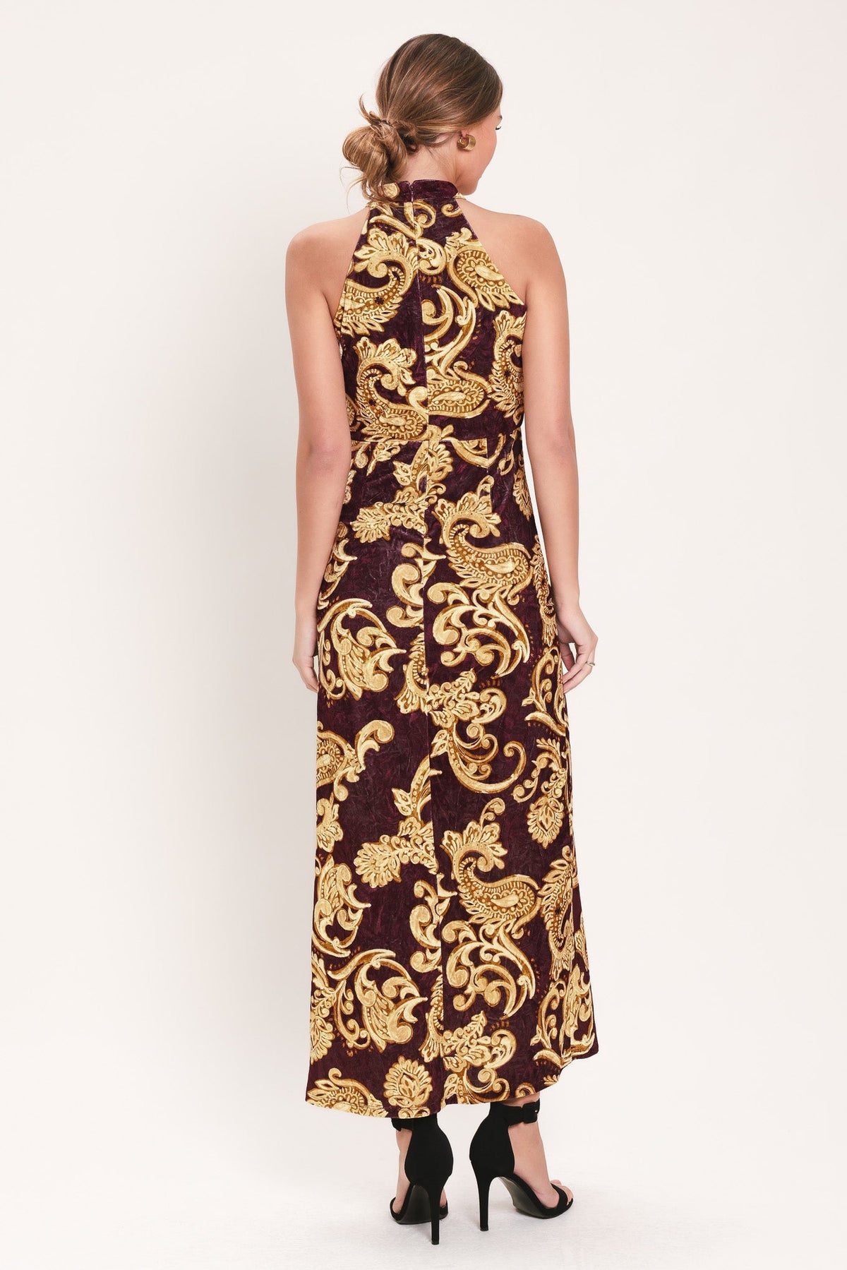 SCARLET SPELL DARK SCARLET PRINTED CRUSHED VELVET HALTER MAXI DRESS