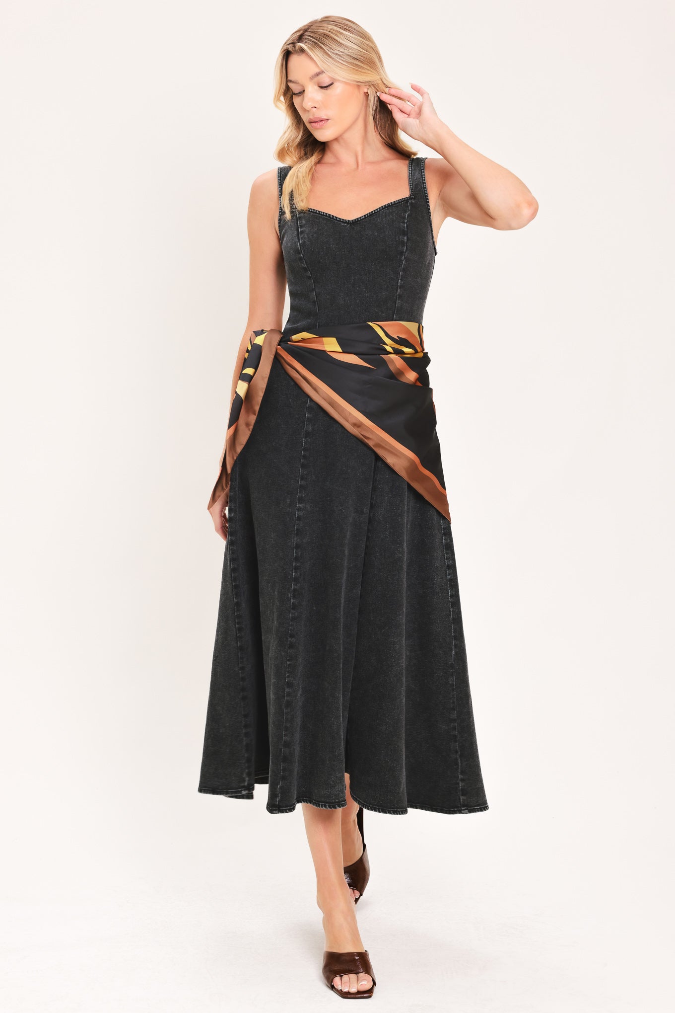 DARKWASH SCARF ELEGANCE DENIM MIDI DRESS