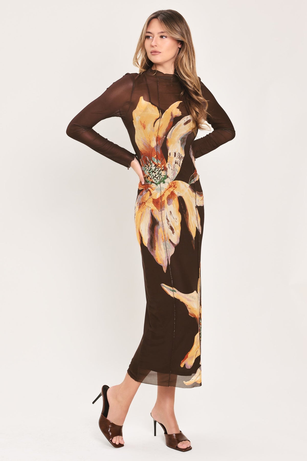 MOCHA MYSTIQUE DARK BROWN PRINTED MESH MIDI DRESS