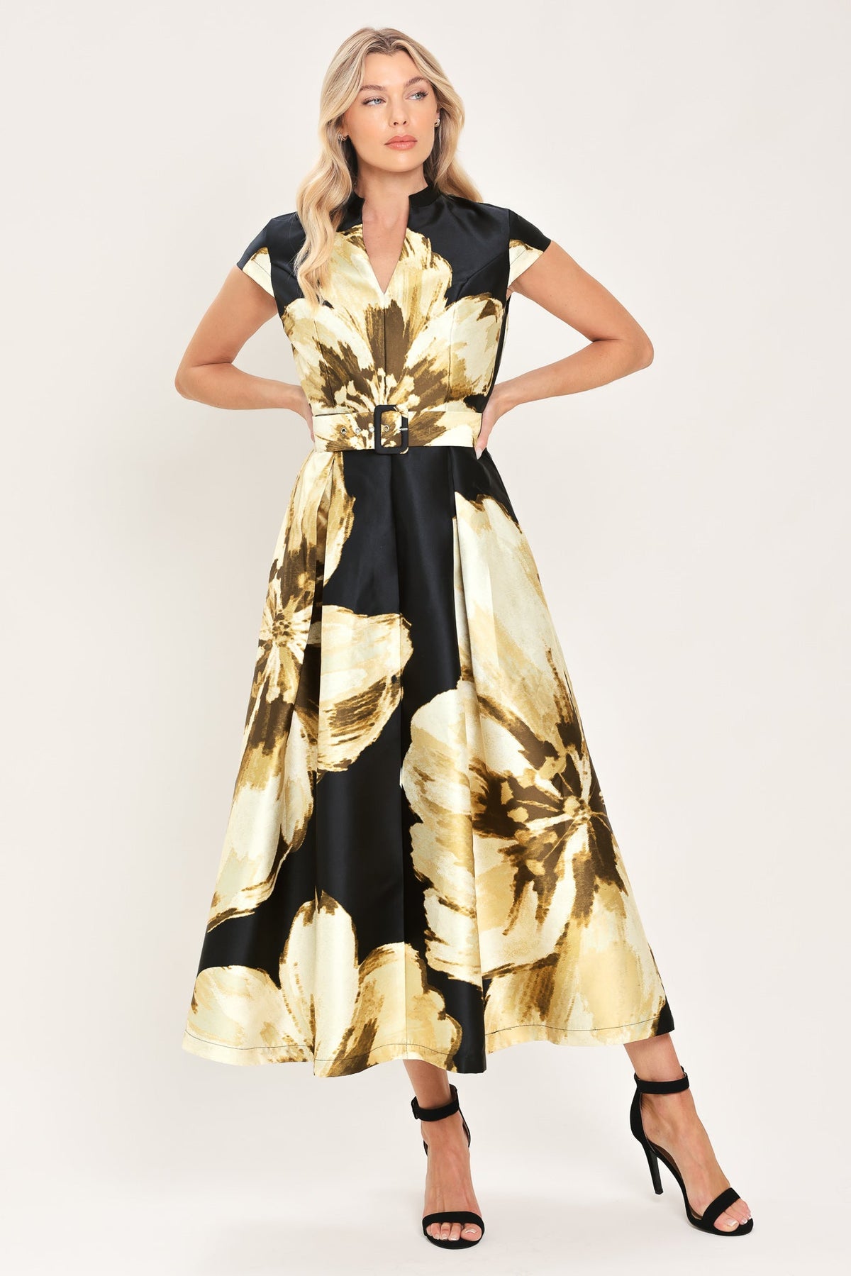 NOIR CHARM BLACK PRINTED BELTED FULL-SKIRT MIDI DRESS