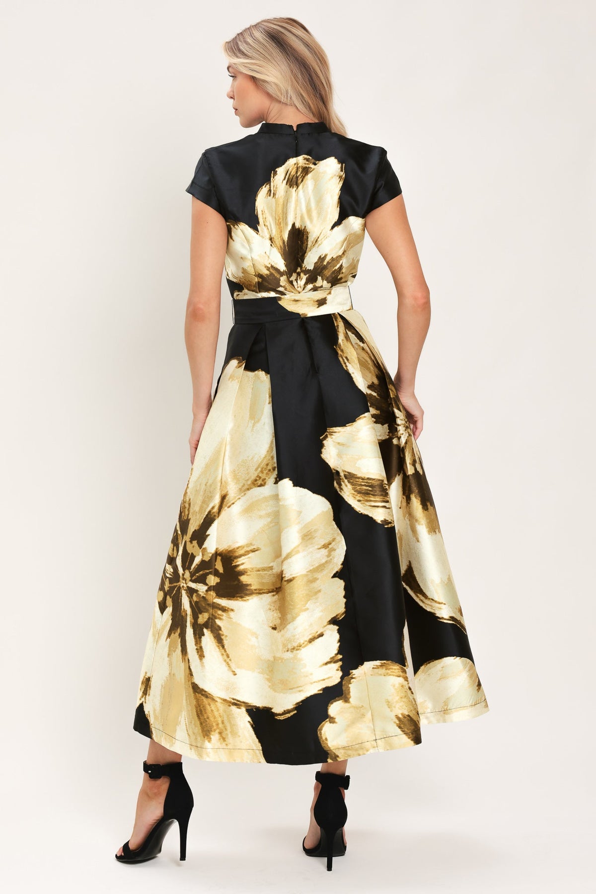 NOIR CHARM BLACK PRINTED BELTED FULL-SKIRT MIDI DRESS