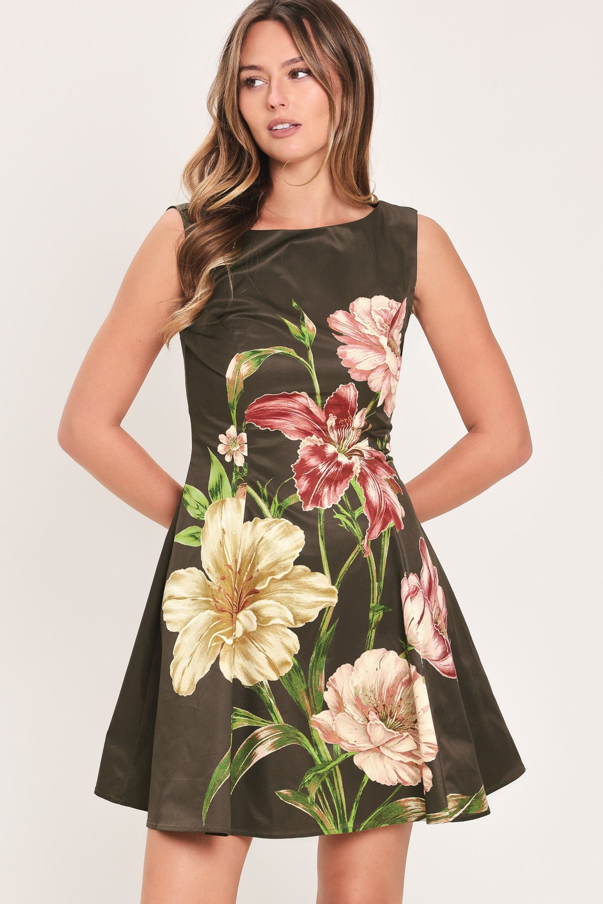 COCOA FLIRT DARK BROWN PRINTED SKATER MINI DRESS