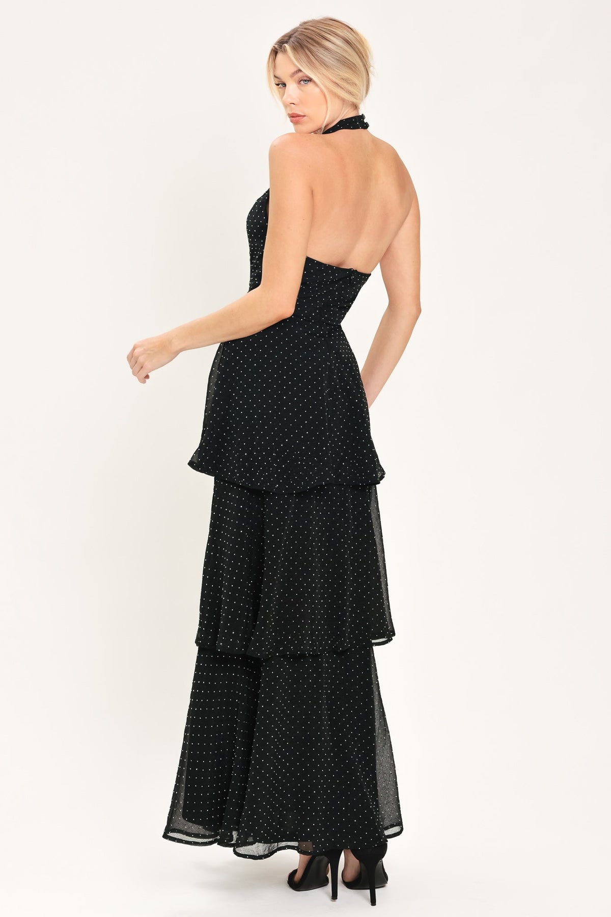 MIDNIGHT SPARK BLACK EMBELLISHED HALTER LAYERED MAXI DRESS