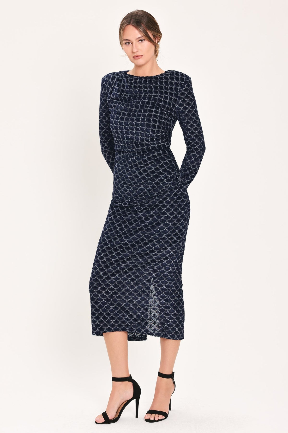 NAVY VEIL NAVY METALLIC BURNOUT VELVET RUCHED MIDI DRESS