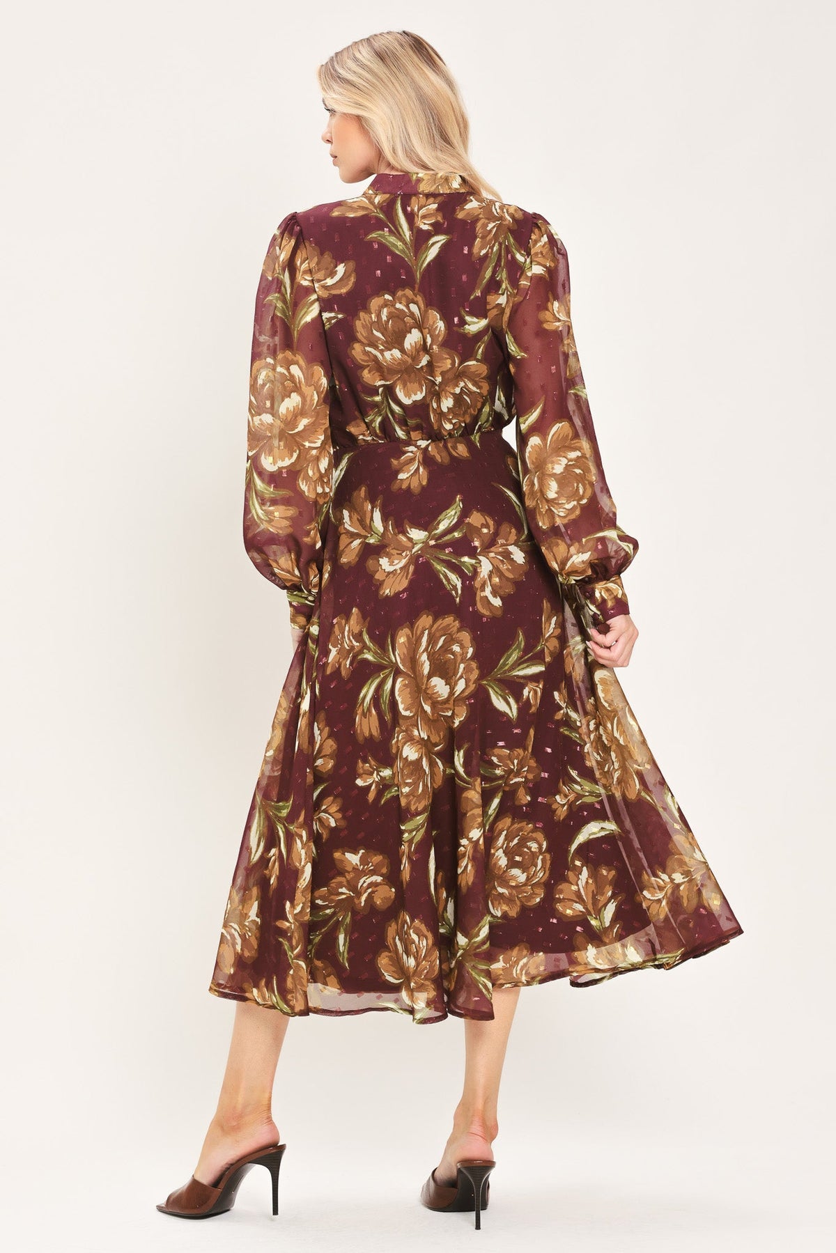 MERLOT MOMENT BURGUNDY TEXTURED TIE-NECK MIDI DRESS