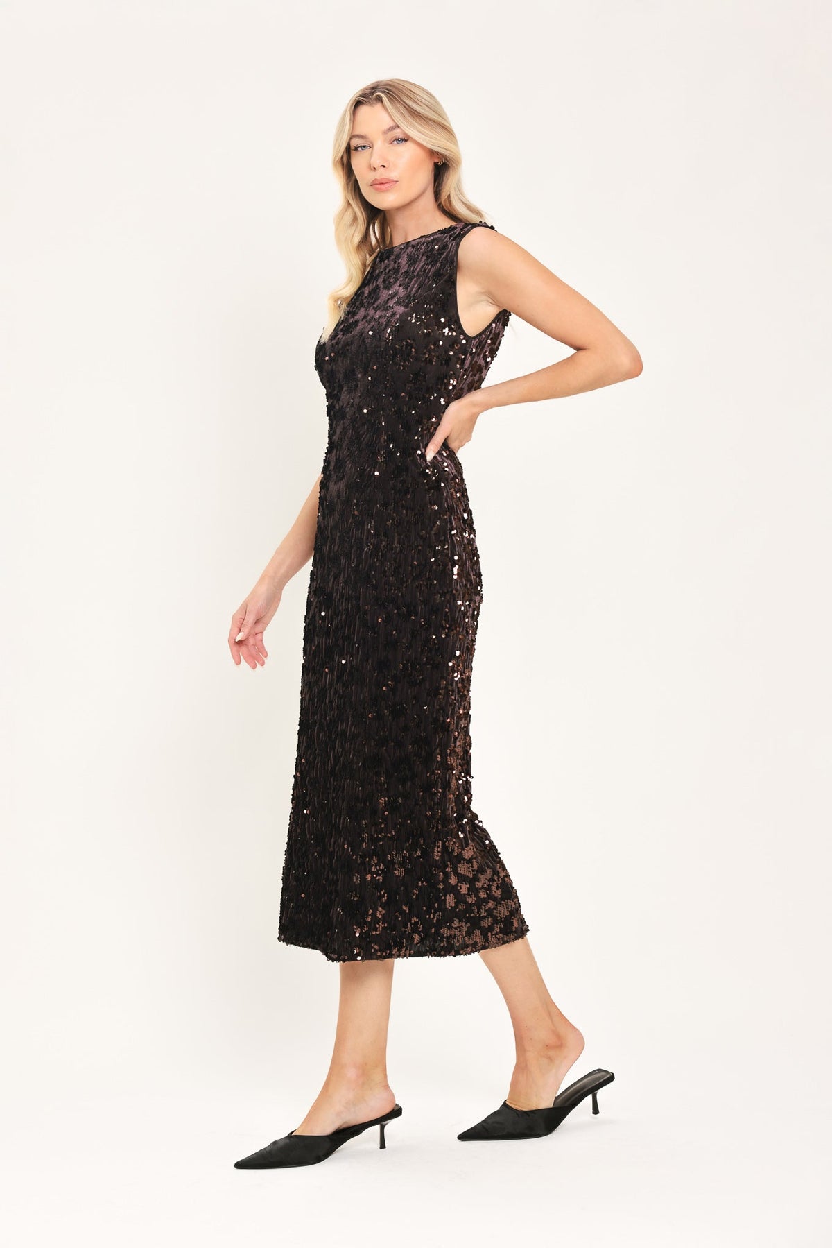 MOCHA SPARK DARK BROWN SEQUIN KNIT MIDI DRESS