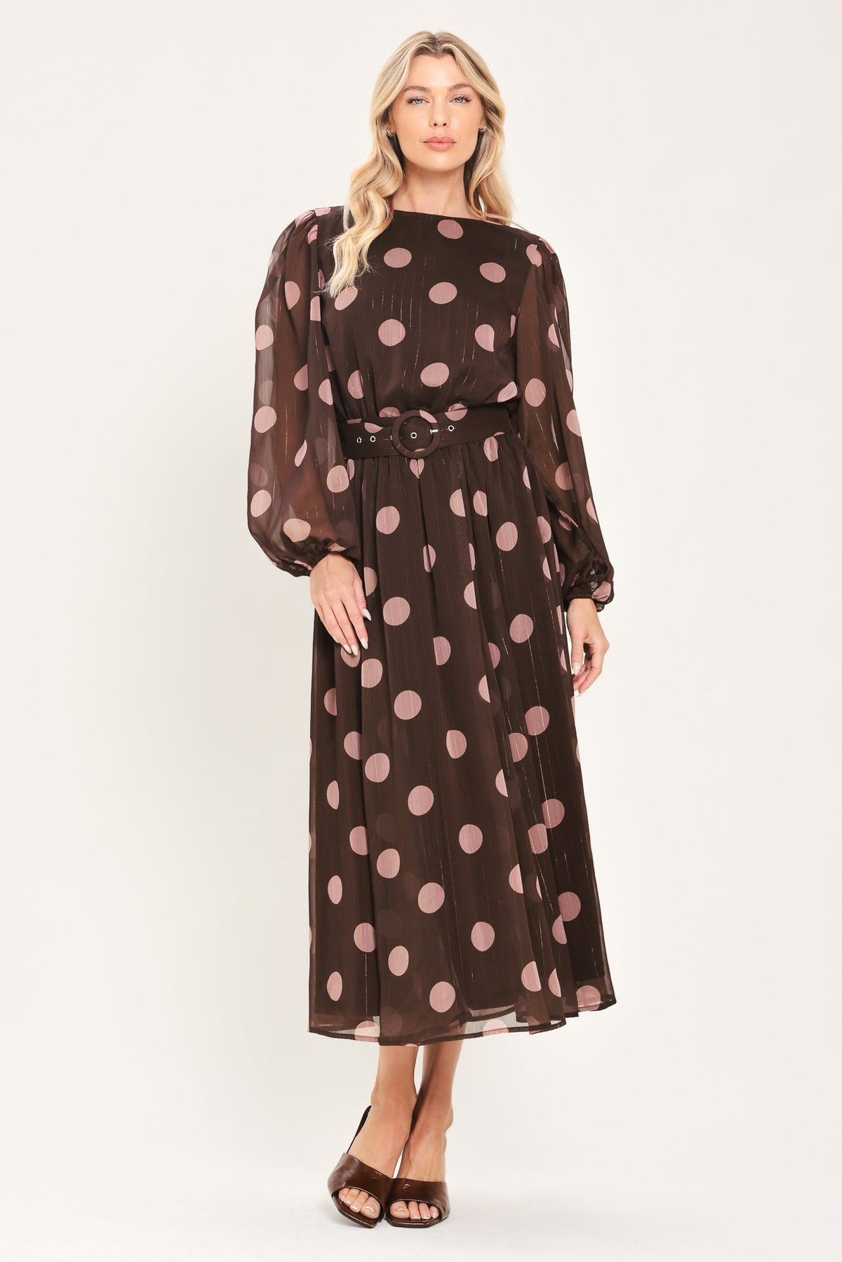 MAUVE MOCHA BROWN/MAUVE STATEMENT MIDI DRESS