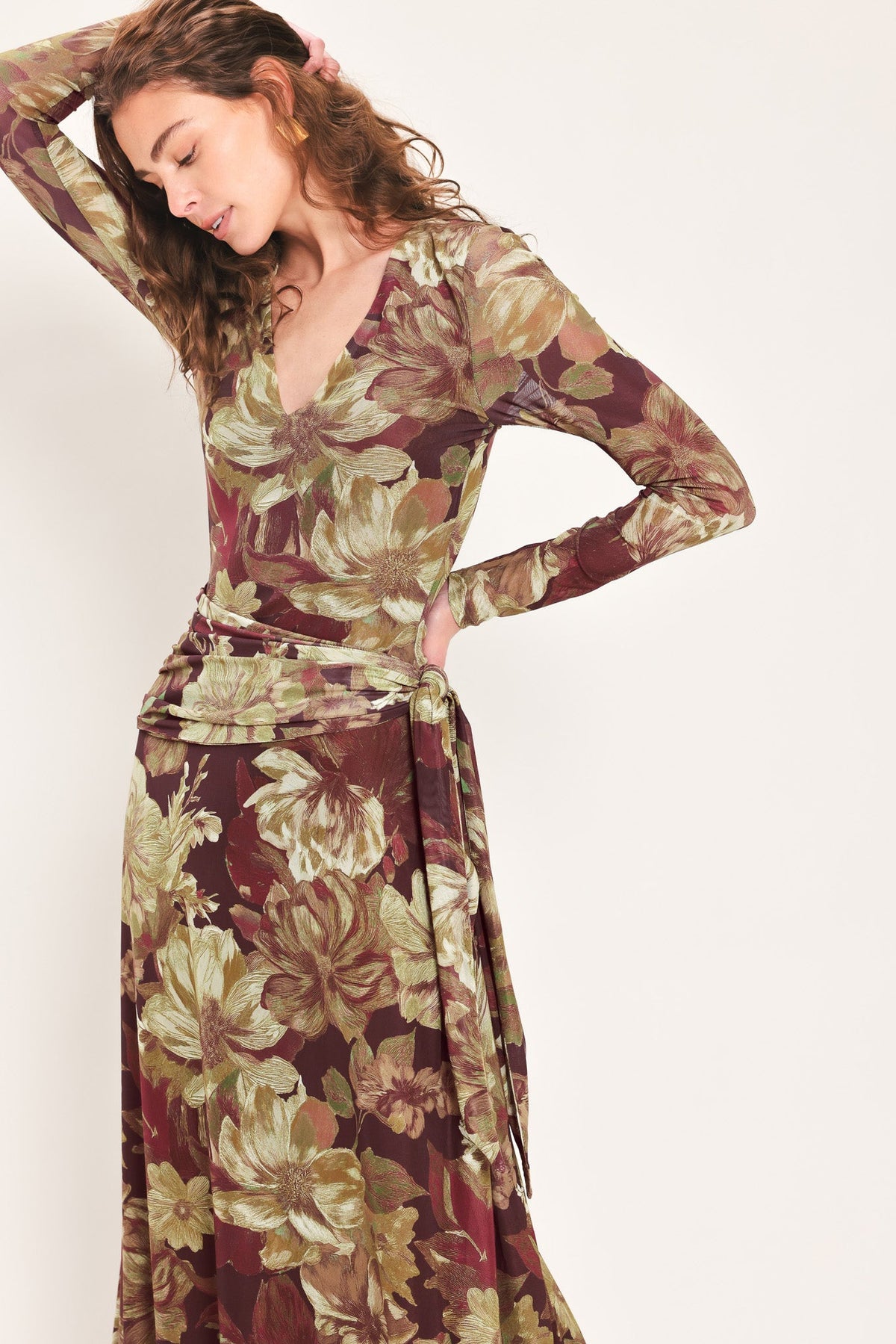 MAROON MUSE DARK MAROON PRINTED SCARF-SASH MESH MAXI DRESS