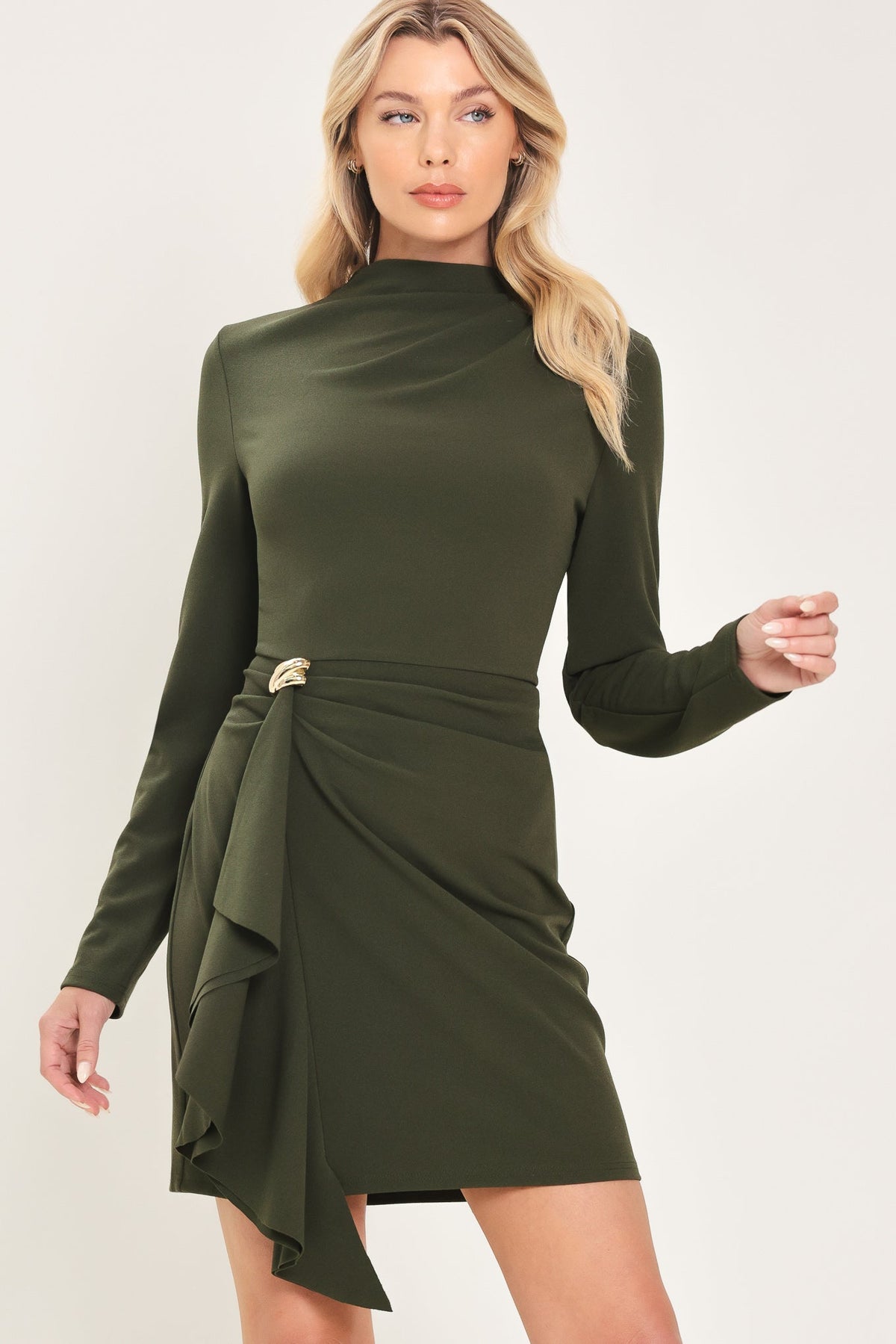 OLIVE ATTITUDE DARK OLIVE FUNNEL-NECK RUFFLE MINI DRESS