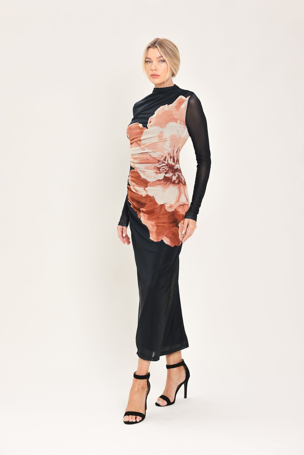 SHADOW BLOOM BLACK PRINTED MESH SHIRRED MIDI DRESS