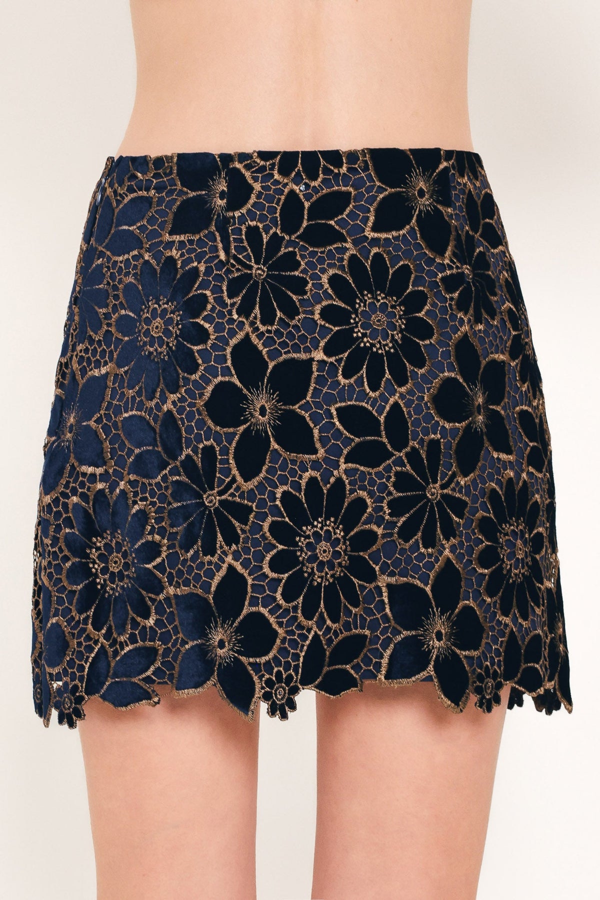 NAVY ROMANCE VELVET LACE MINI SKIRT