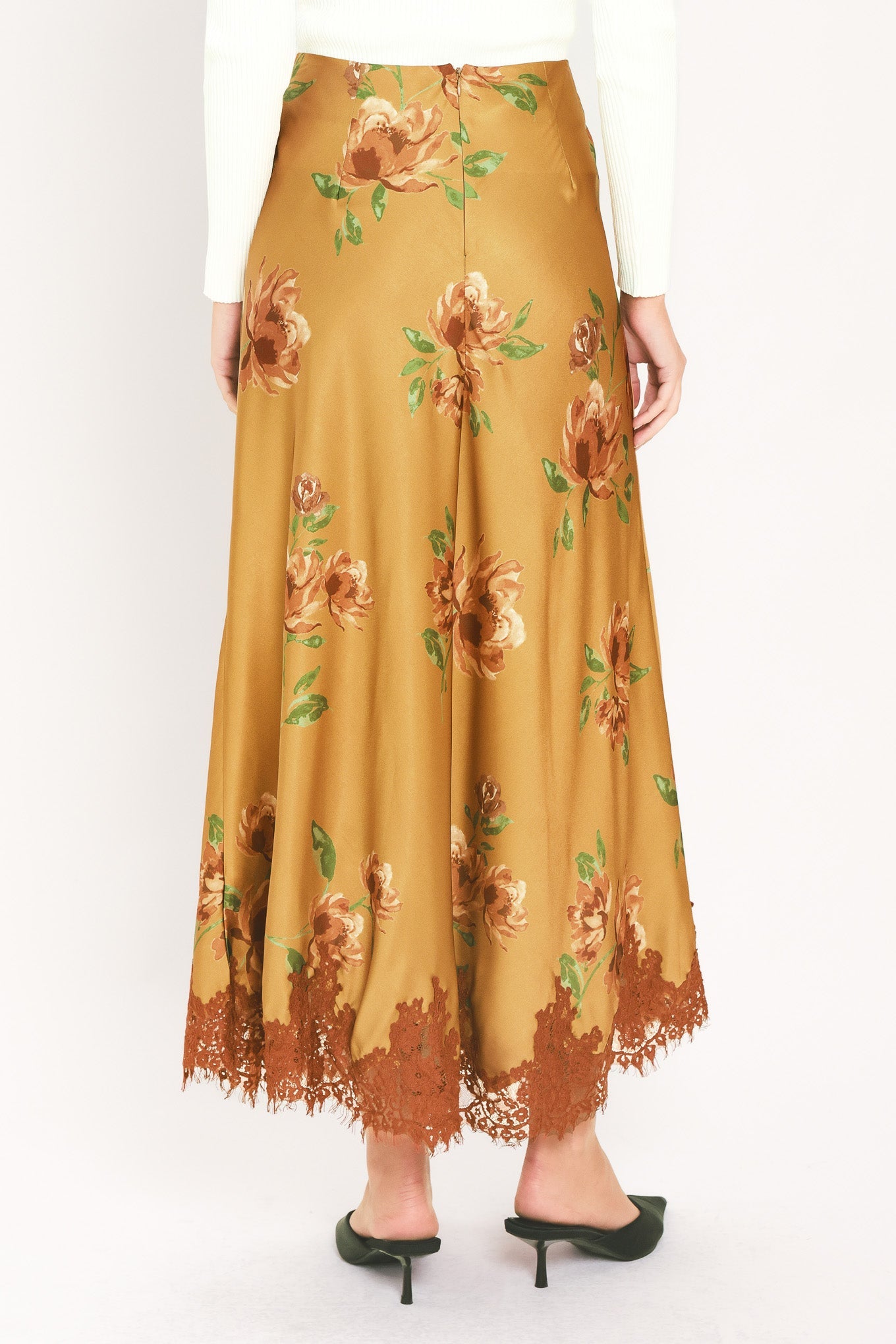COUNTRYSIDE CHARM CAMEL PRINTED LACE-HEM MIDI SKIRT