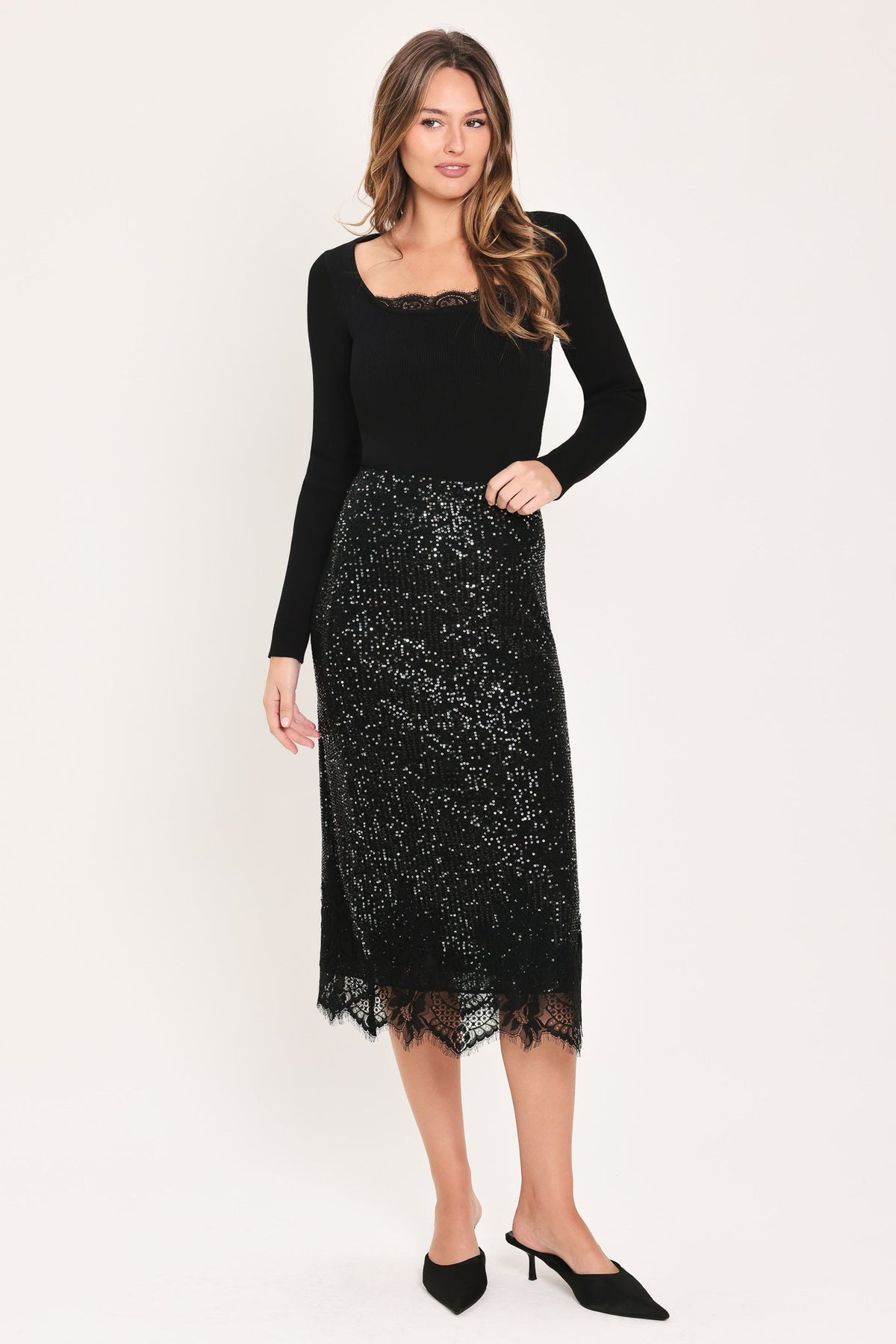 BRONZE LUSTER BRONZE/BLACK SEQUIN LACE-HEM MIDI SKIRT