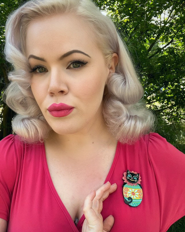 Eggcellent Easter Cat Brooch by Johanna Parker x Lipstick & Chrome — Folk Art Spring Pin