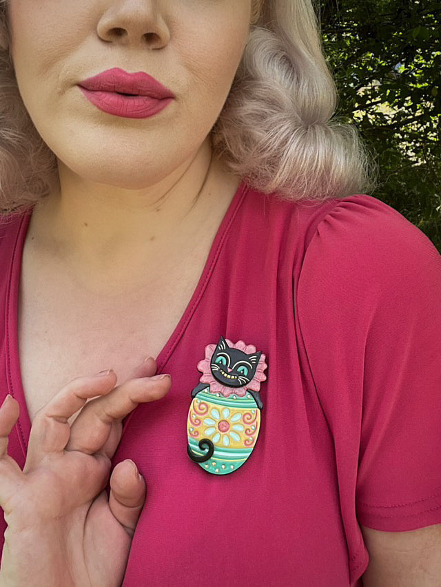 Eggcellent Easter Cat Brooch by Johanna Parker x Lipstick & Chrome — Folk Art Spring Pin