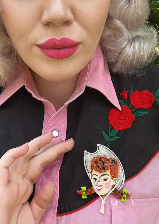 Darla the Cowgirl Brooch by Marla VonDuta x Lipstick & Chrome — Vintage Western Pin