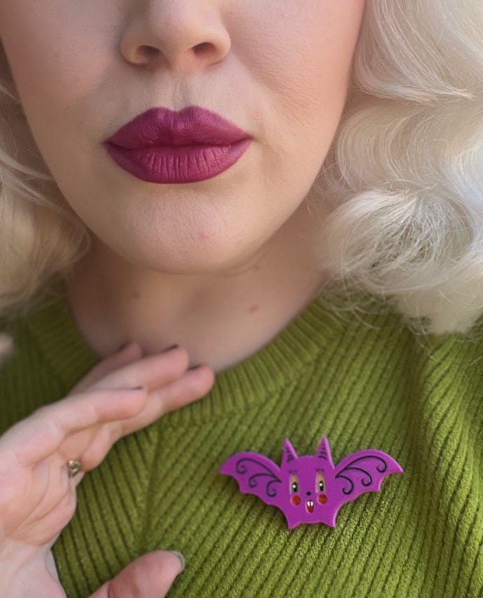 Gothic Glam Bat Scatter Pin PLUM by Johanna Parker x Lipstick & Chrome — Halloween Bat Acrylic Brooch