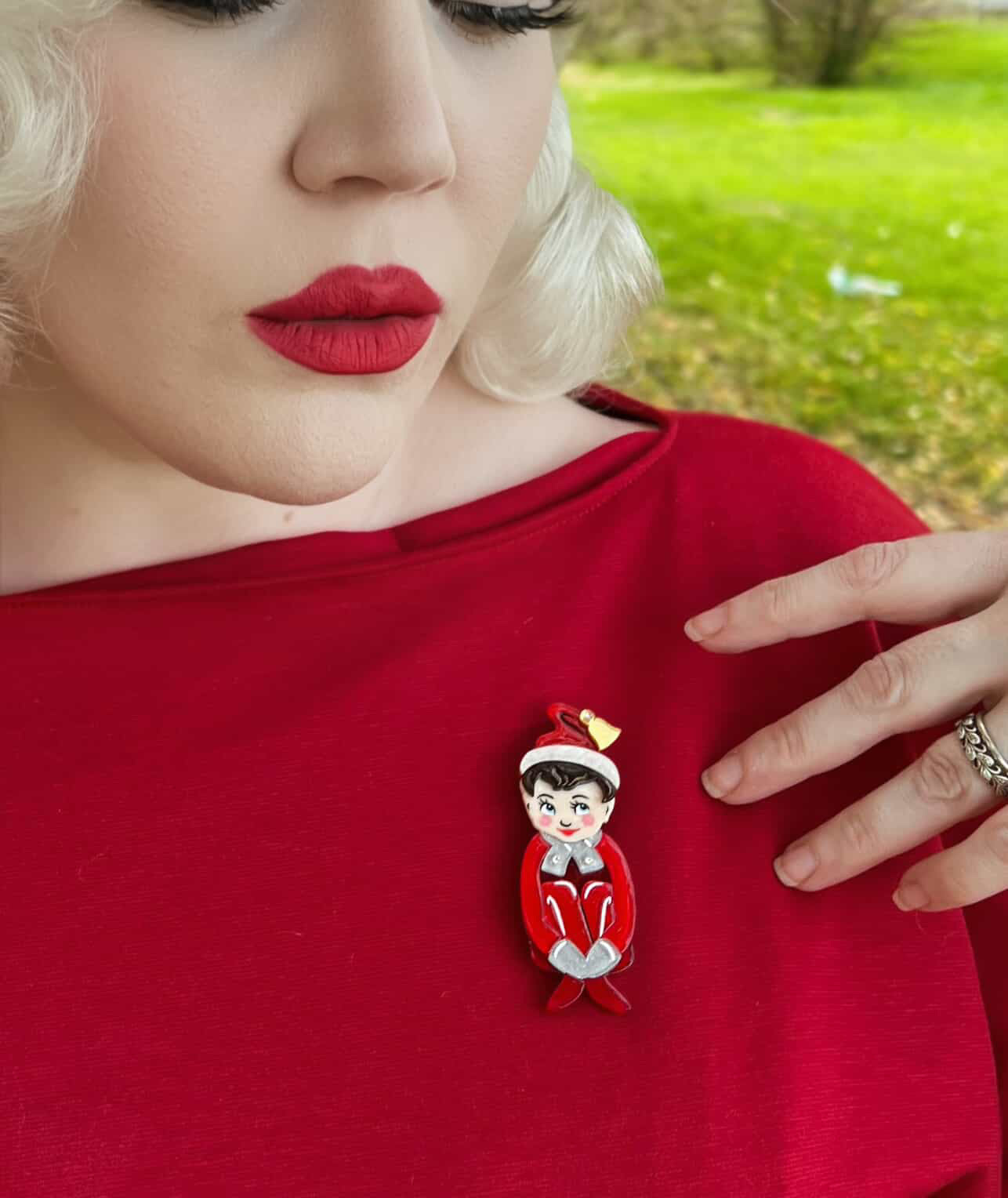 Merry Mischief Brooch by 50's Vintage Dame x Lipstick & Chrome — Retro Christmas Elf Pin