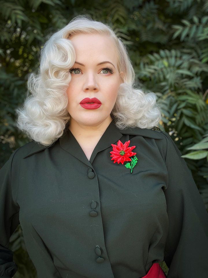 Enamel Poinsettia Statement Brooch by Lipstick & Chrome — Festive Christmas Flower Pin