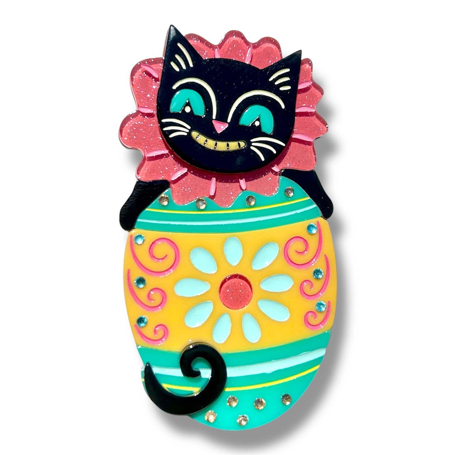 Eggcellent Easter Cat Brooch by Johanna Parker x Lipstick & Chrome — Folk Art Spring Pin