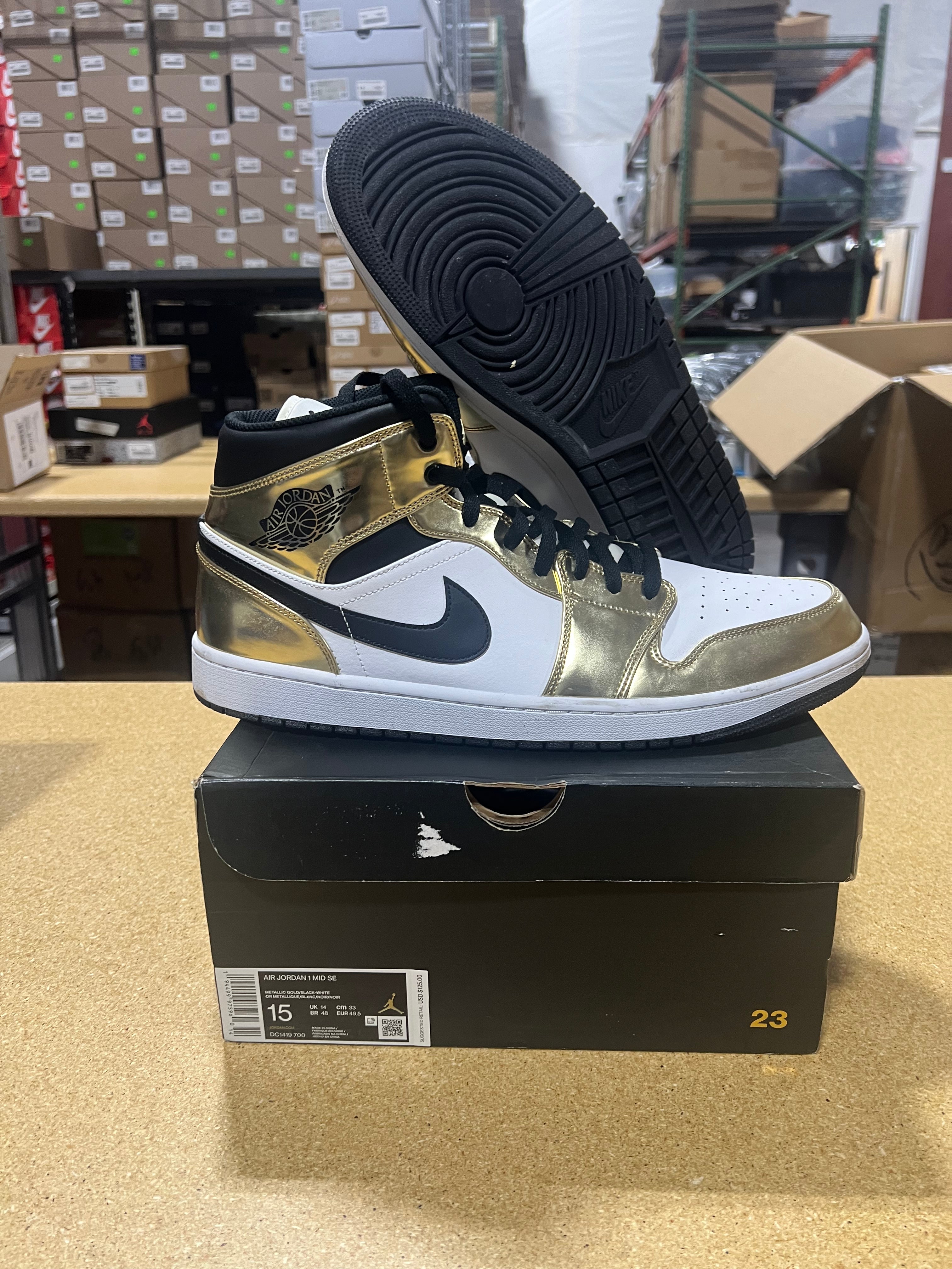 PRE OWNED Jordan 1 Mid "Metallic Gold Black White"