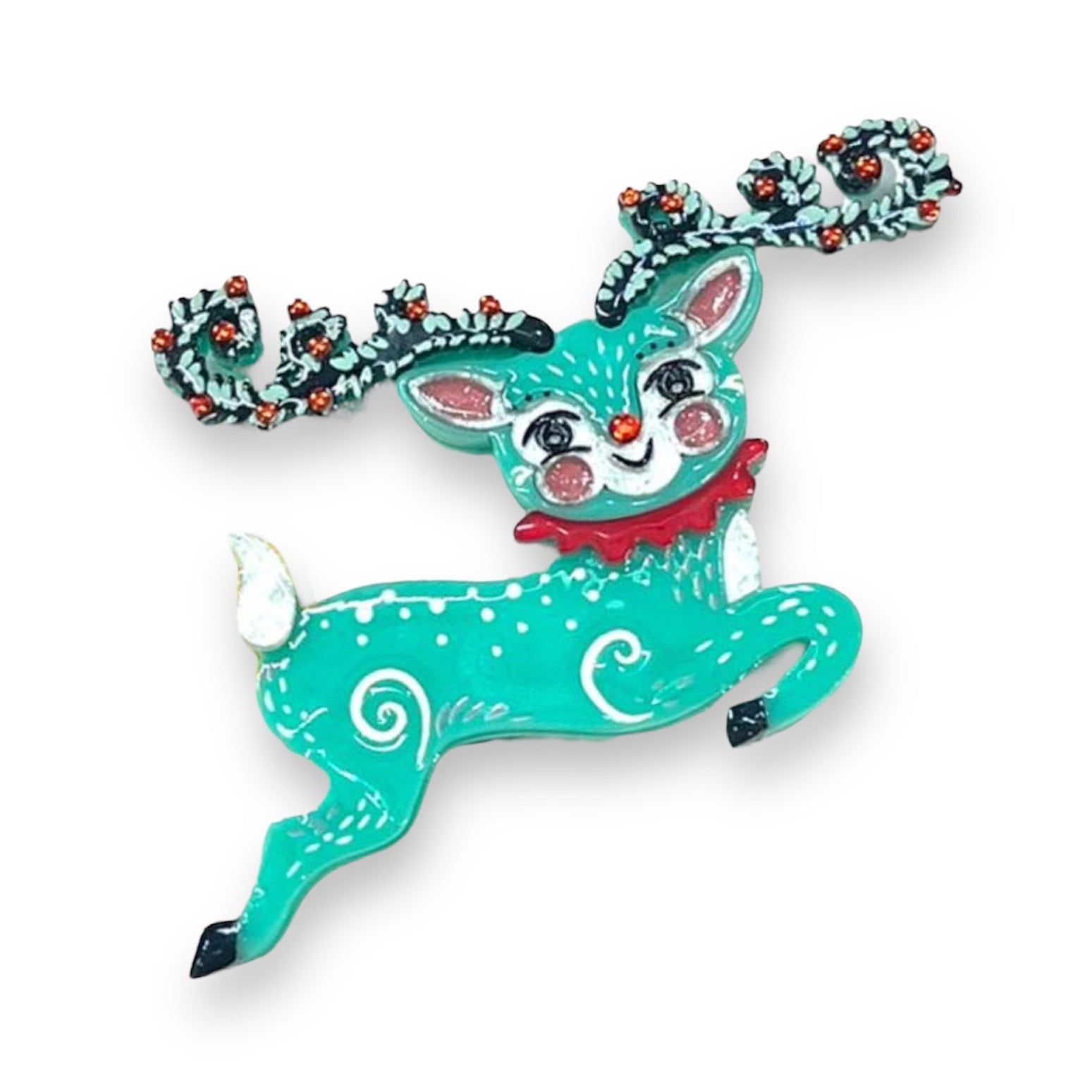 Fawna Fir Top Leaping Reindeer Brooch by Johanna Parker x Lipstick & Chrome — Folk Art Christmas Reindeer Pin