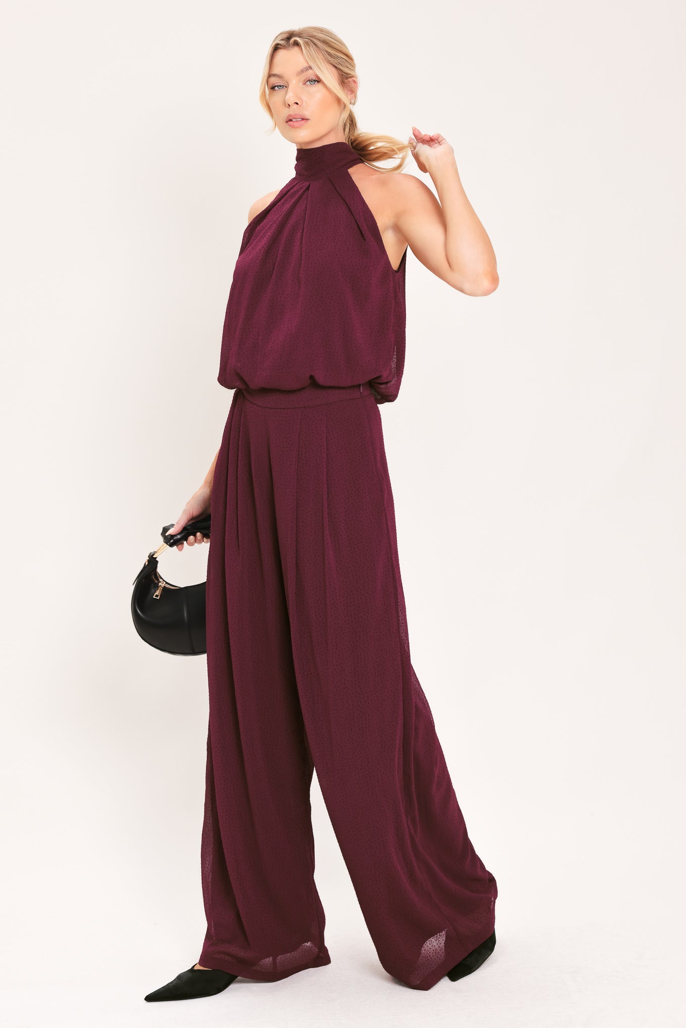 BORDEAUX SHEER DRAPE WOVEN WIDE LEG PANTS