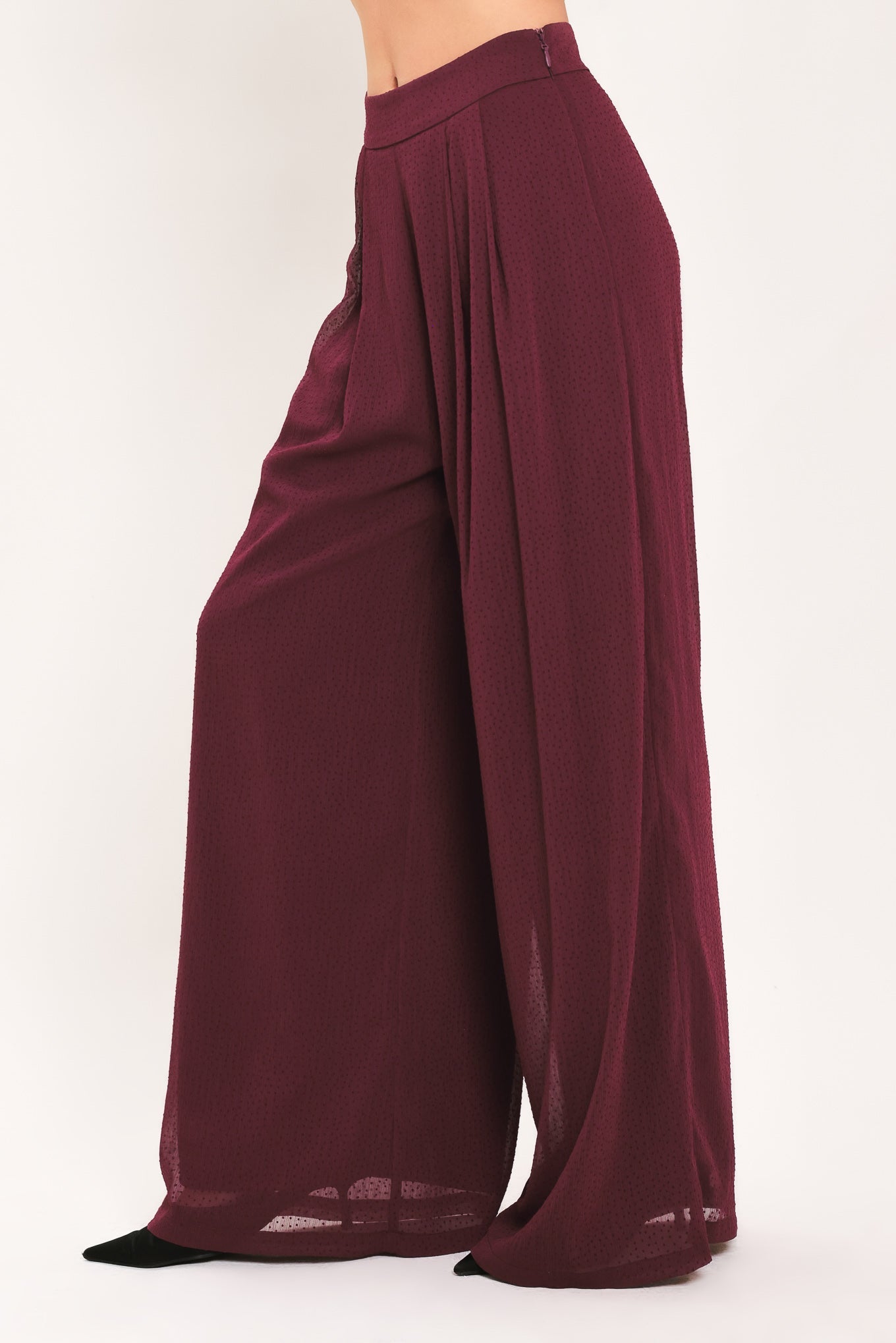 BORDEAUX SHEER DRAPE WOVEN WIDE LEG PANTS