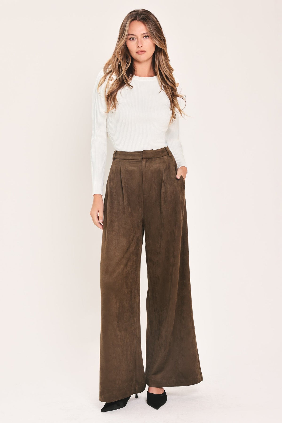 DESERT LUXE BROWN FAUX SUEDE WIDE-LEG PANTS