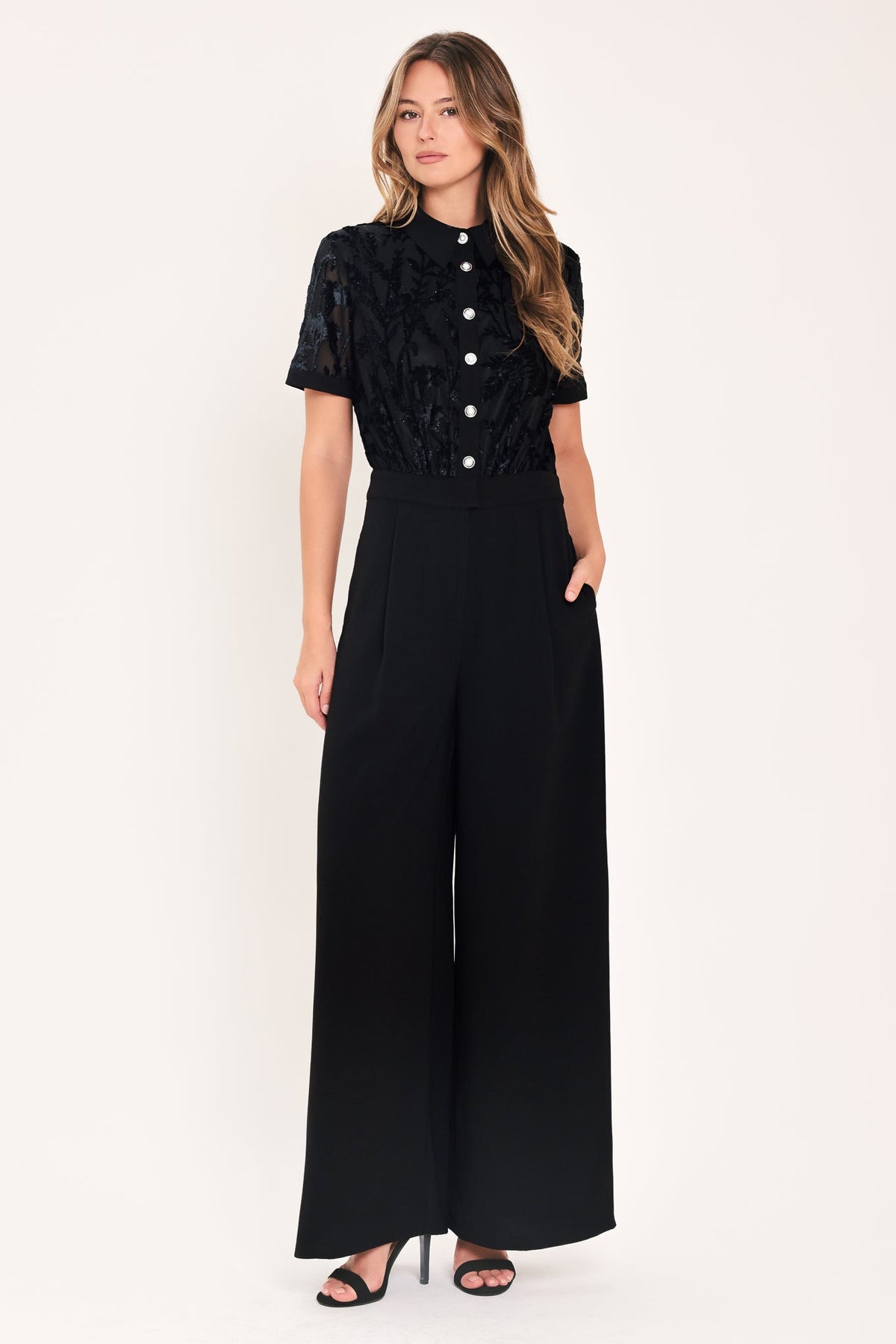 AFTER DARK BLACK BURNOUT VELVET WIDE-LEG JUMPSUIT