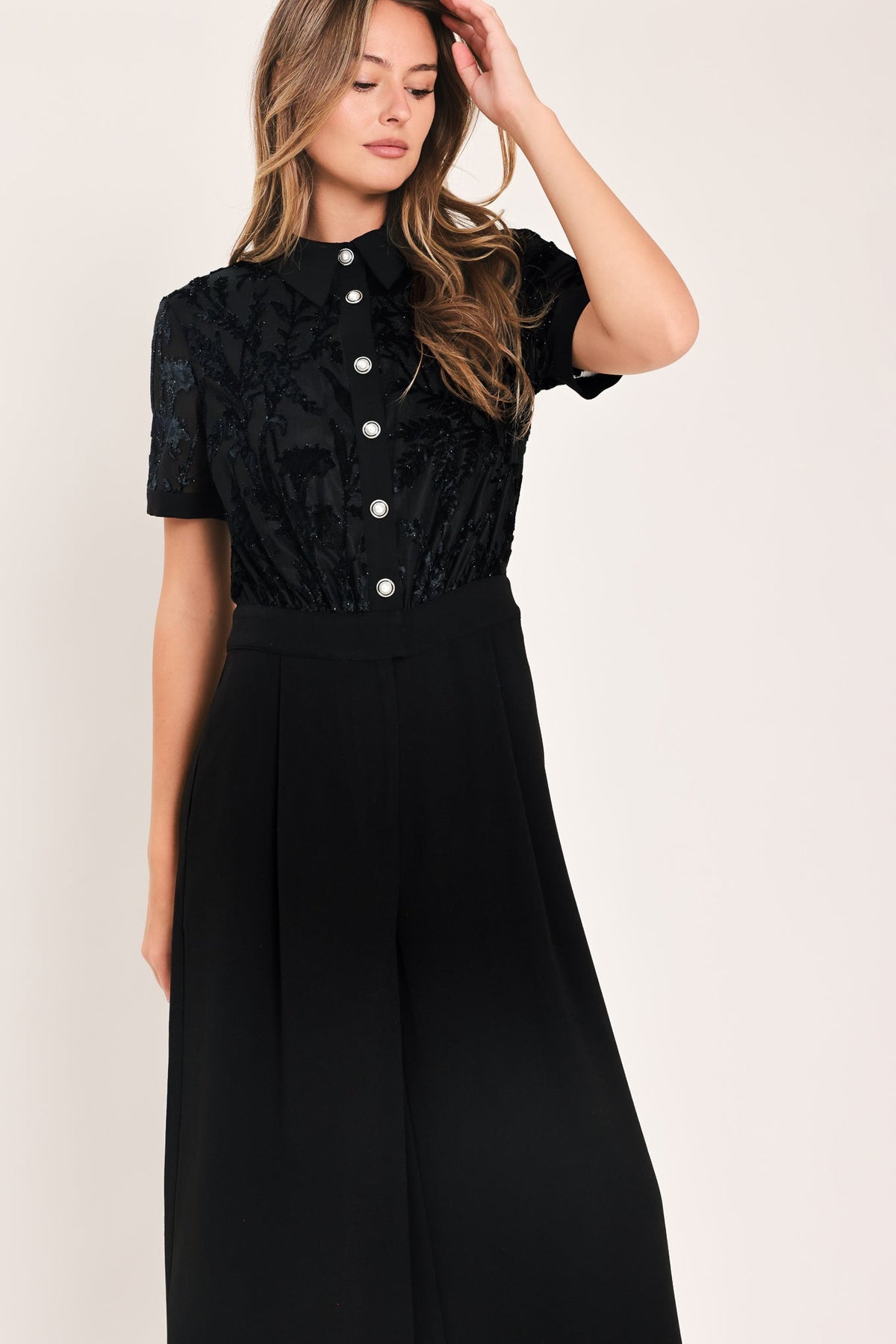 AFTER DARK BLACK BURNOUT VELVET WIDE-LEG JUMPSUIT