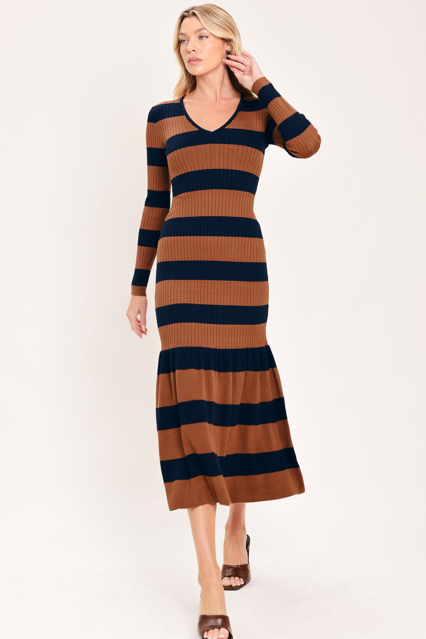 COGNAC NAVY RHYTHM SWEATER KNIT MIDI MERMAID DRESS