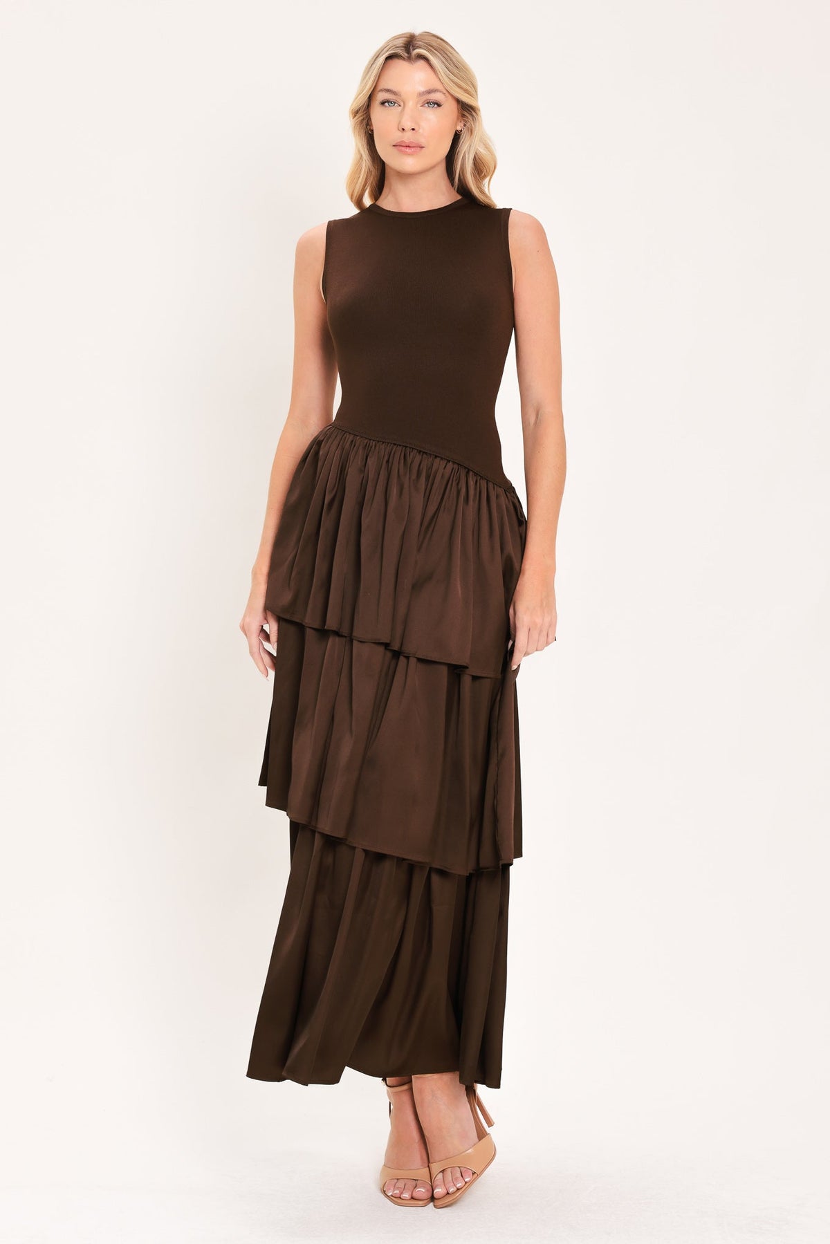COFFEE LAYERED POISE SWEATER MIDI DRESS