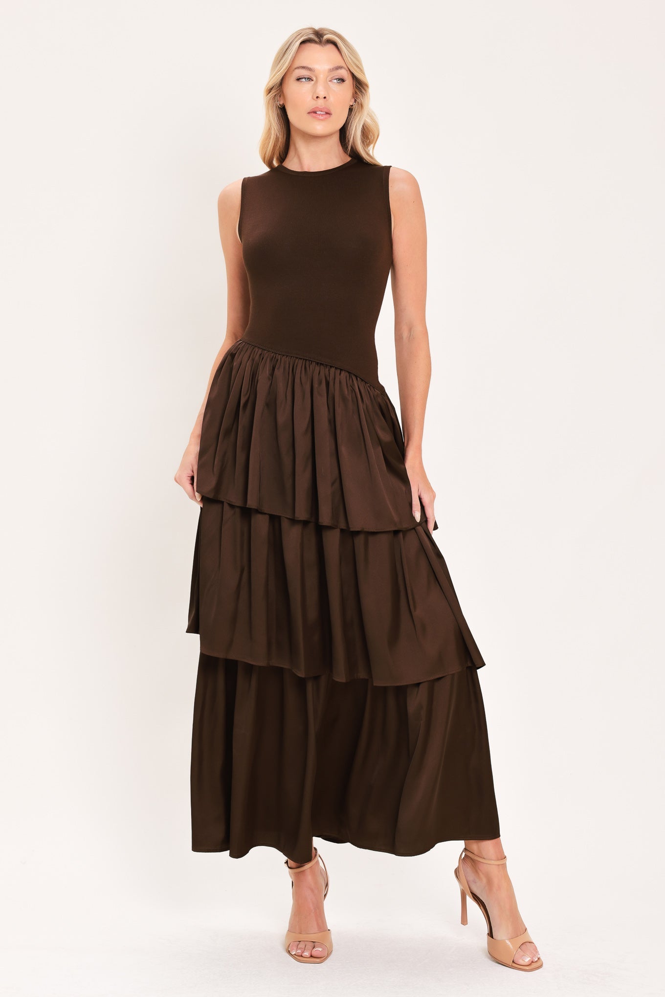 COFFEE LAYERED POISE SWEATER MIDI DRESS