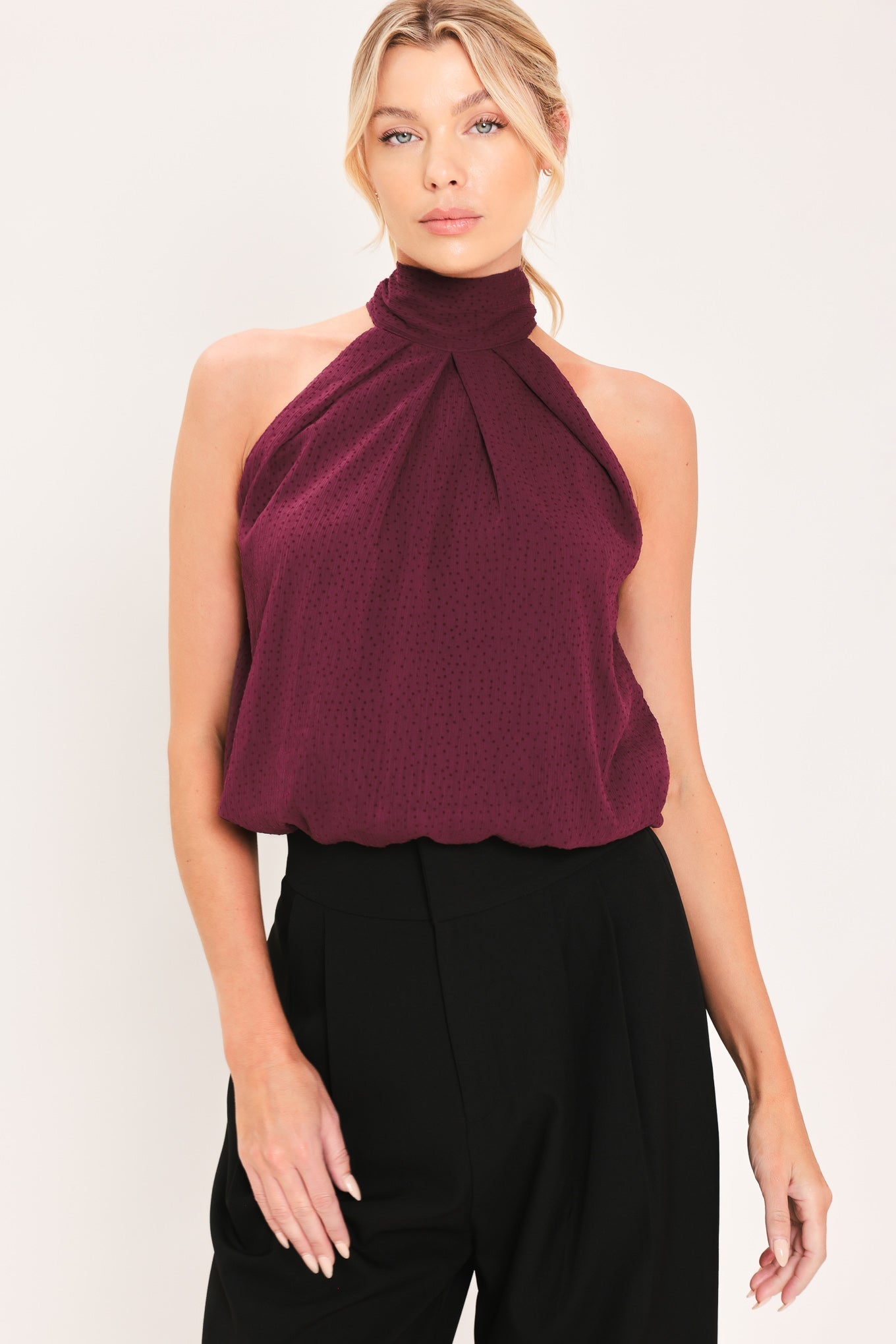BORDEAUX SHEER DRAPE WOVEN HALTER TOP