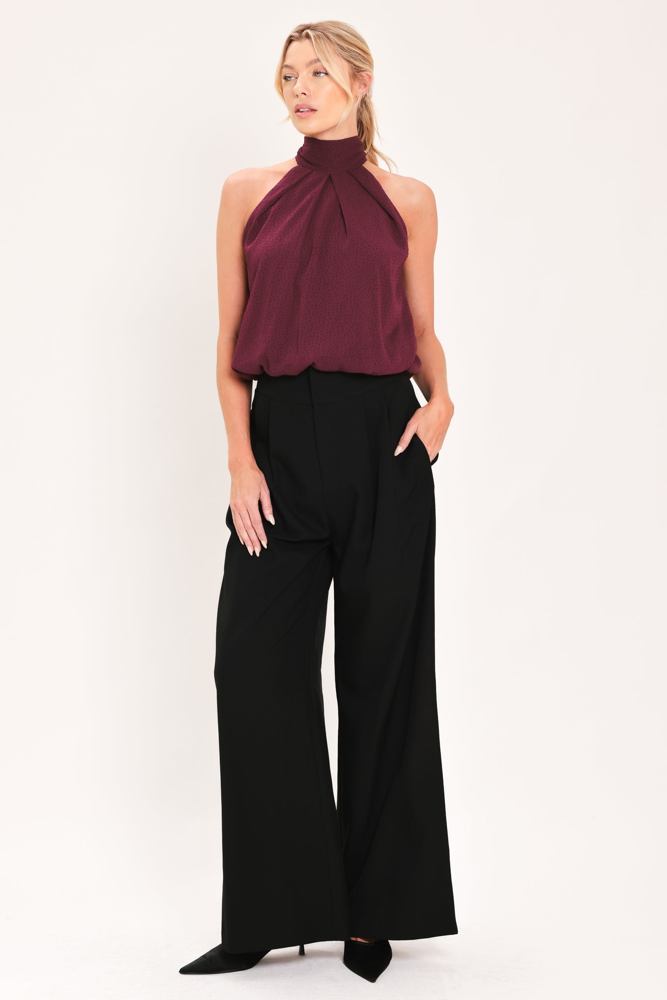 BORDEAUX SHEER DRAPE WOVEN HALTER TOP