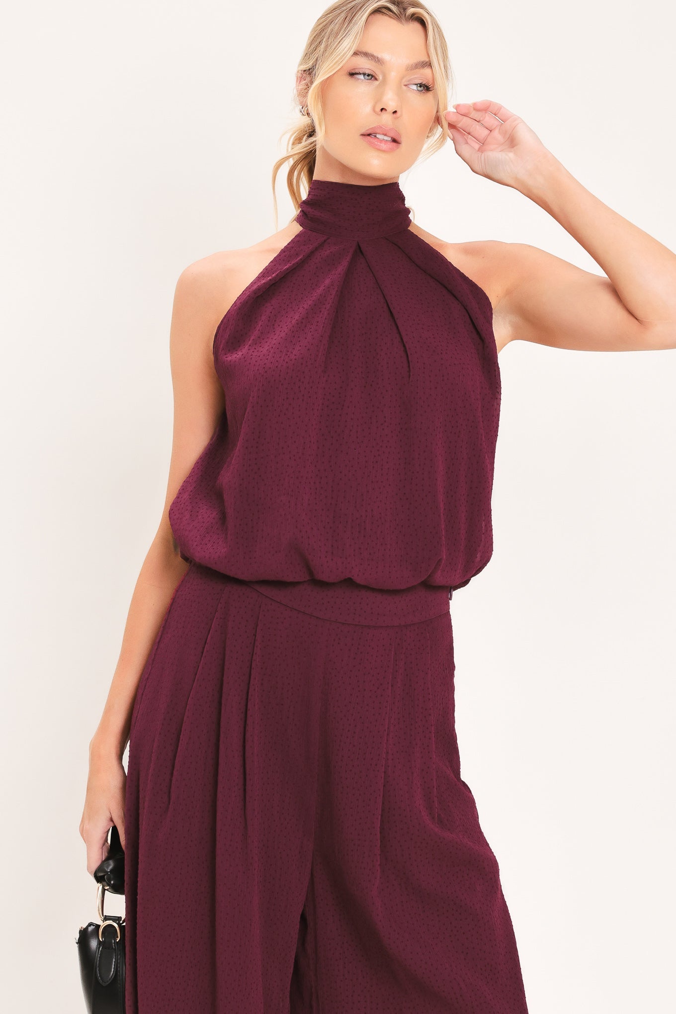 BORDEAUX SHEER DRAPE WOVEN HALTER TOP