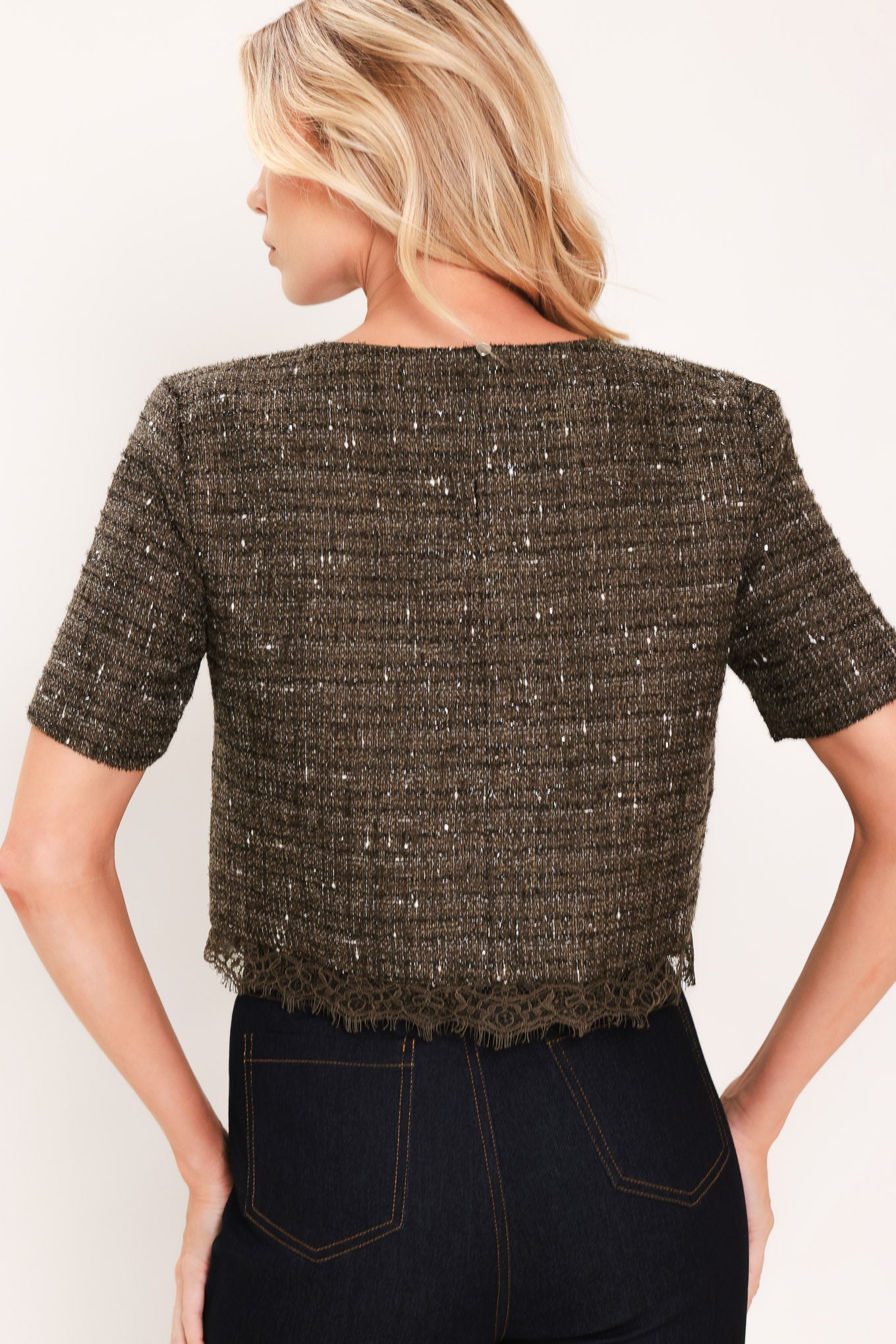 DARK CHAMPAGNE SPARK WOVEN TWEED TOP