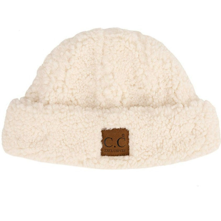 C.C Women's Sherpa Cuff Beanie with Suede Logo