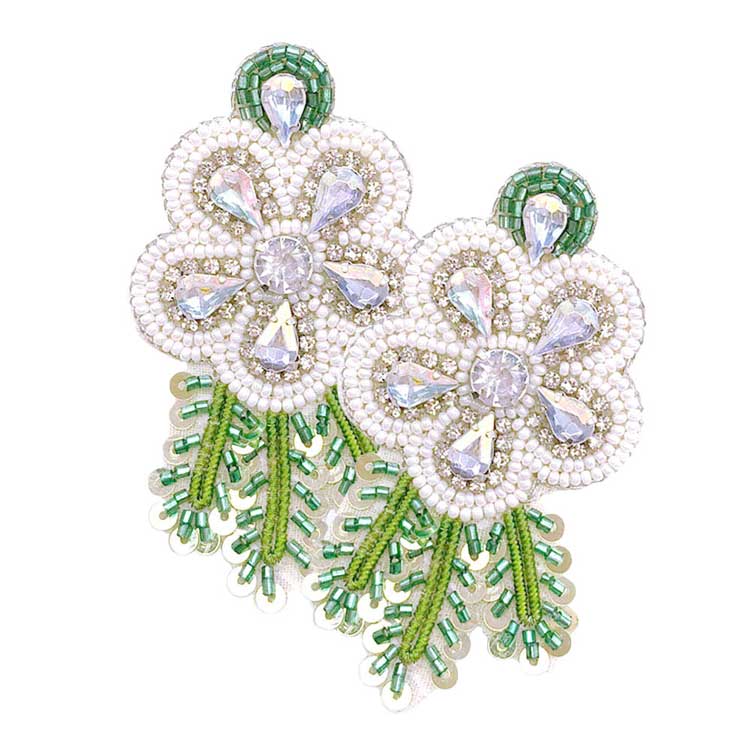 Felt Back Sequin Stone Seed Beaded Flower Leaf Earrings