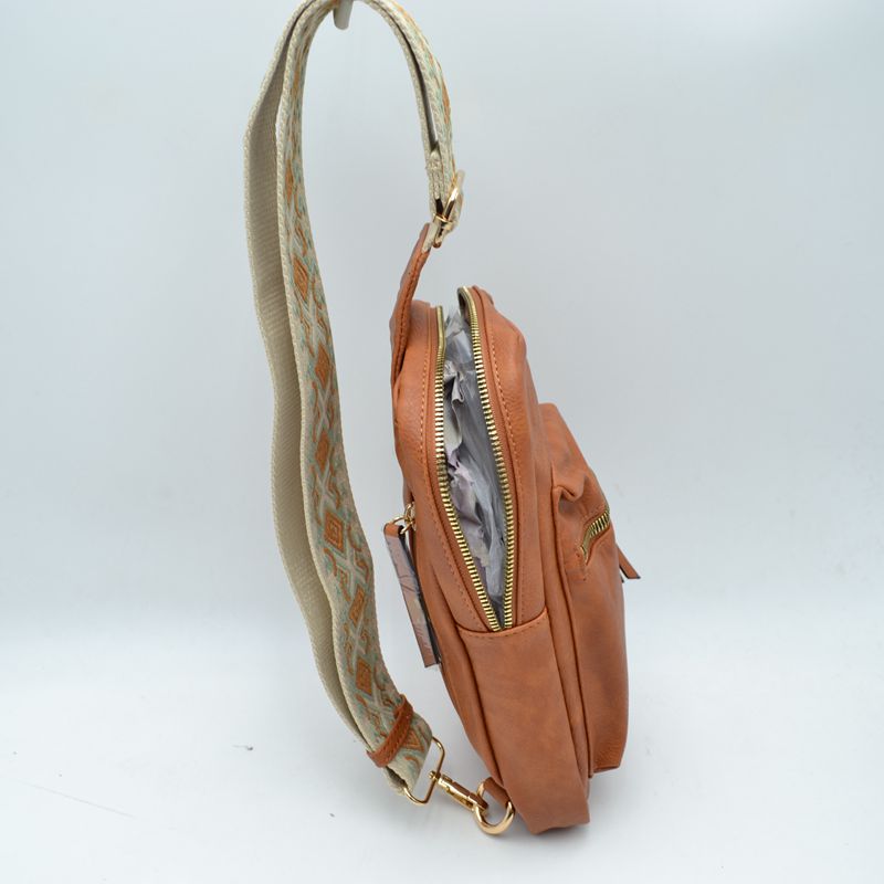 Patterned Strap Sling Bag with Zipper Pockets