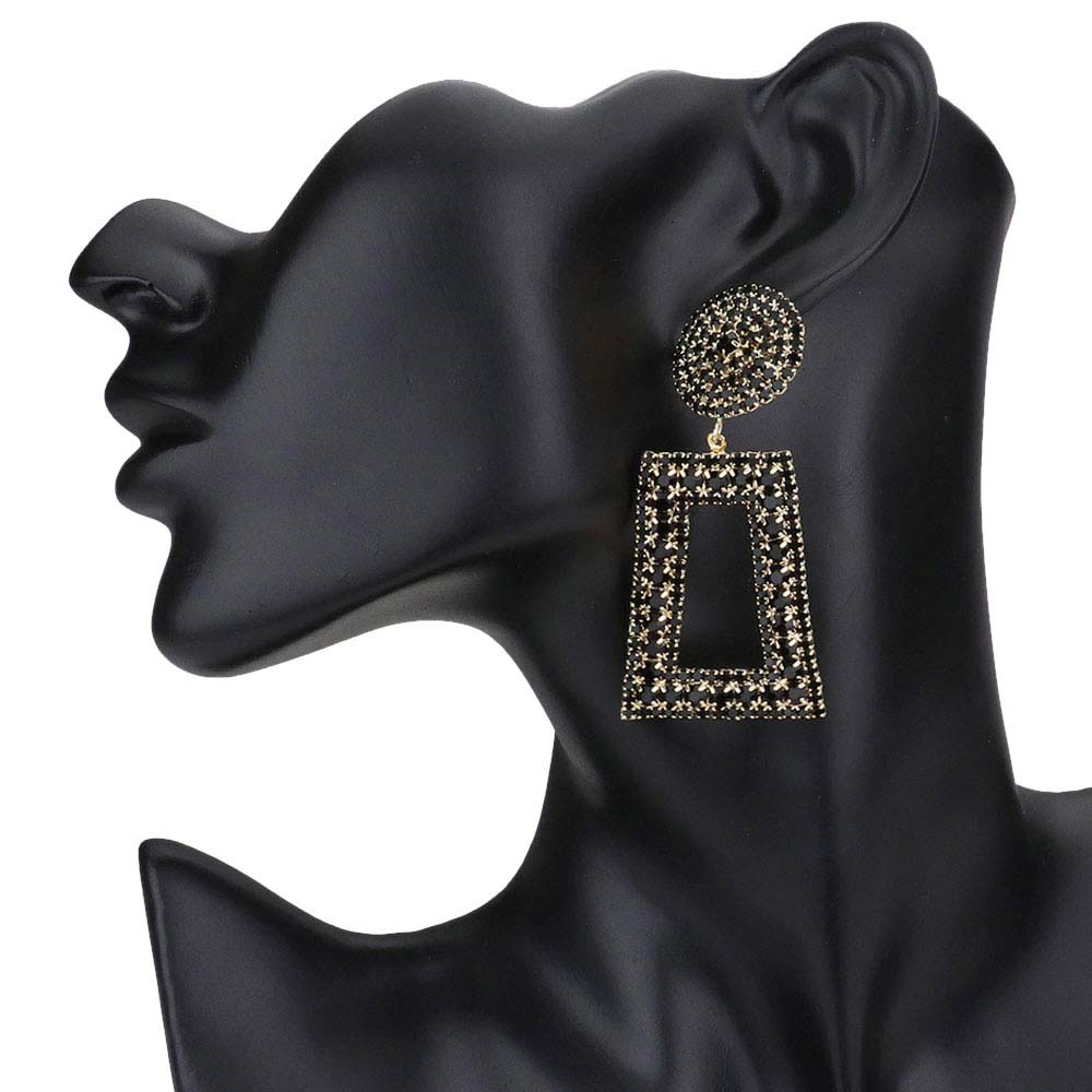 Rhinestone Pave Open Rectangle Dangle Evening Earrings