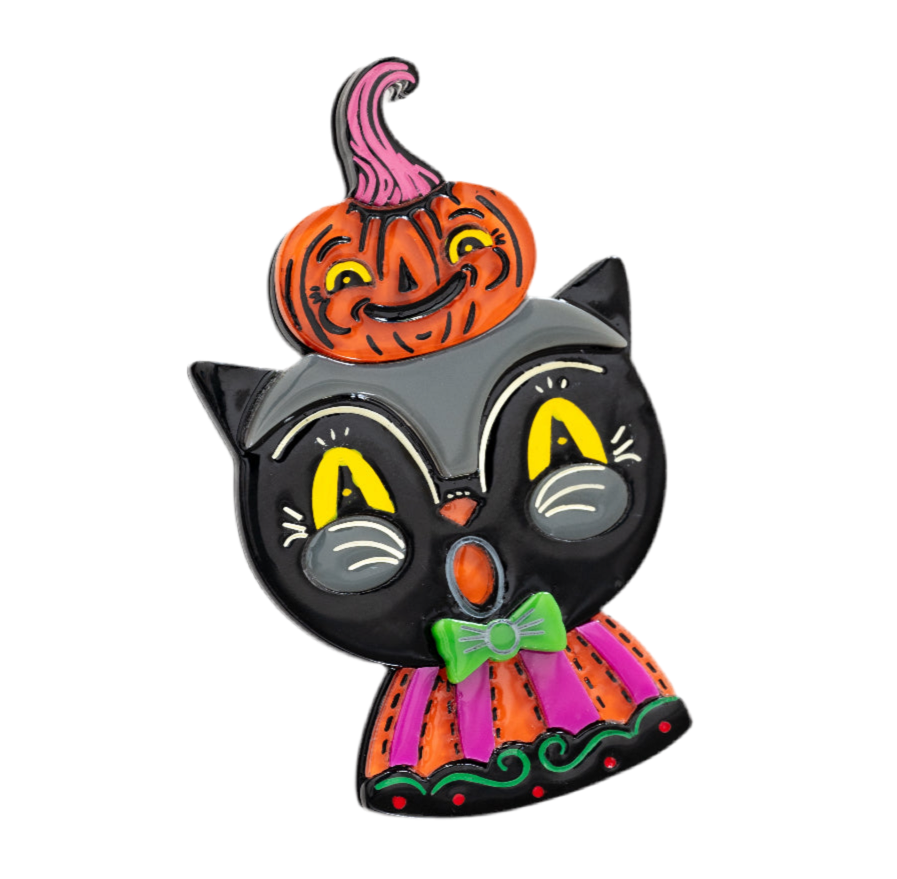 Black Cat with Kinny Brooch by Lipstick & Chrome — Halloween Black Cat Acrylic Pin
