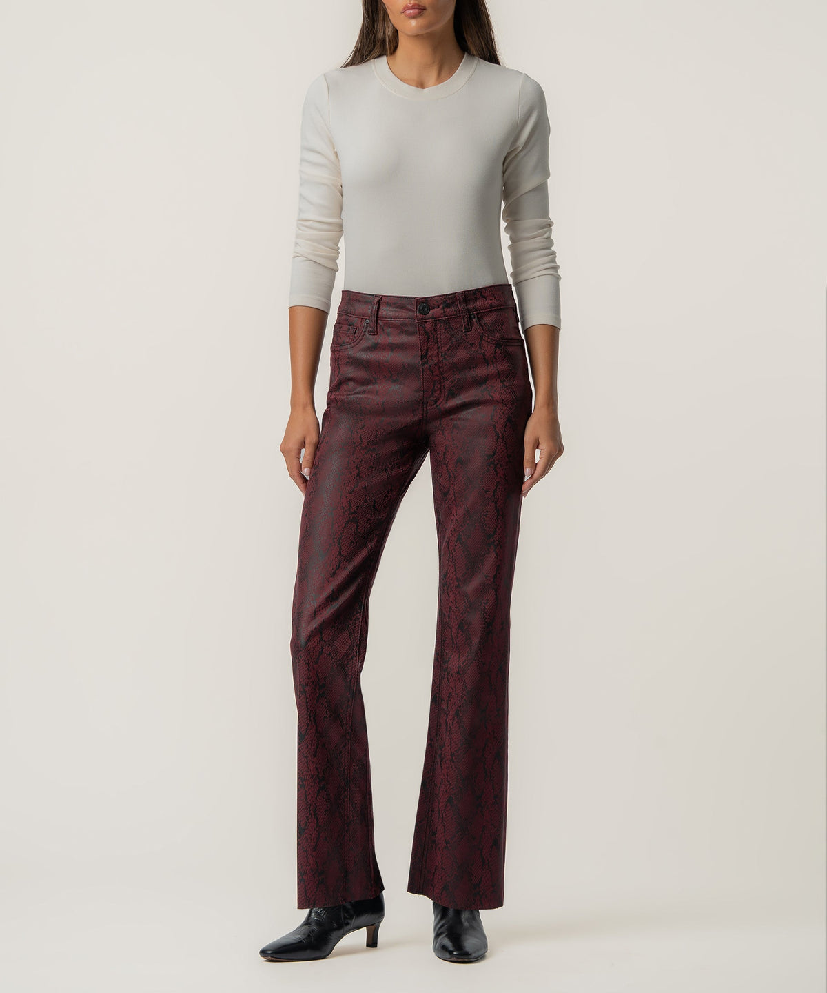 Kelsey Coated High Rise Ankle Flare in Burgundy