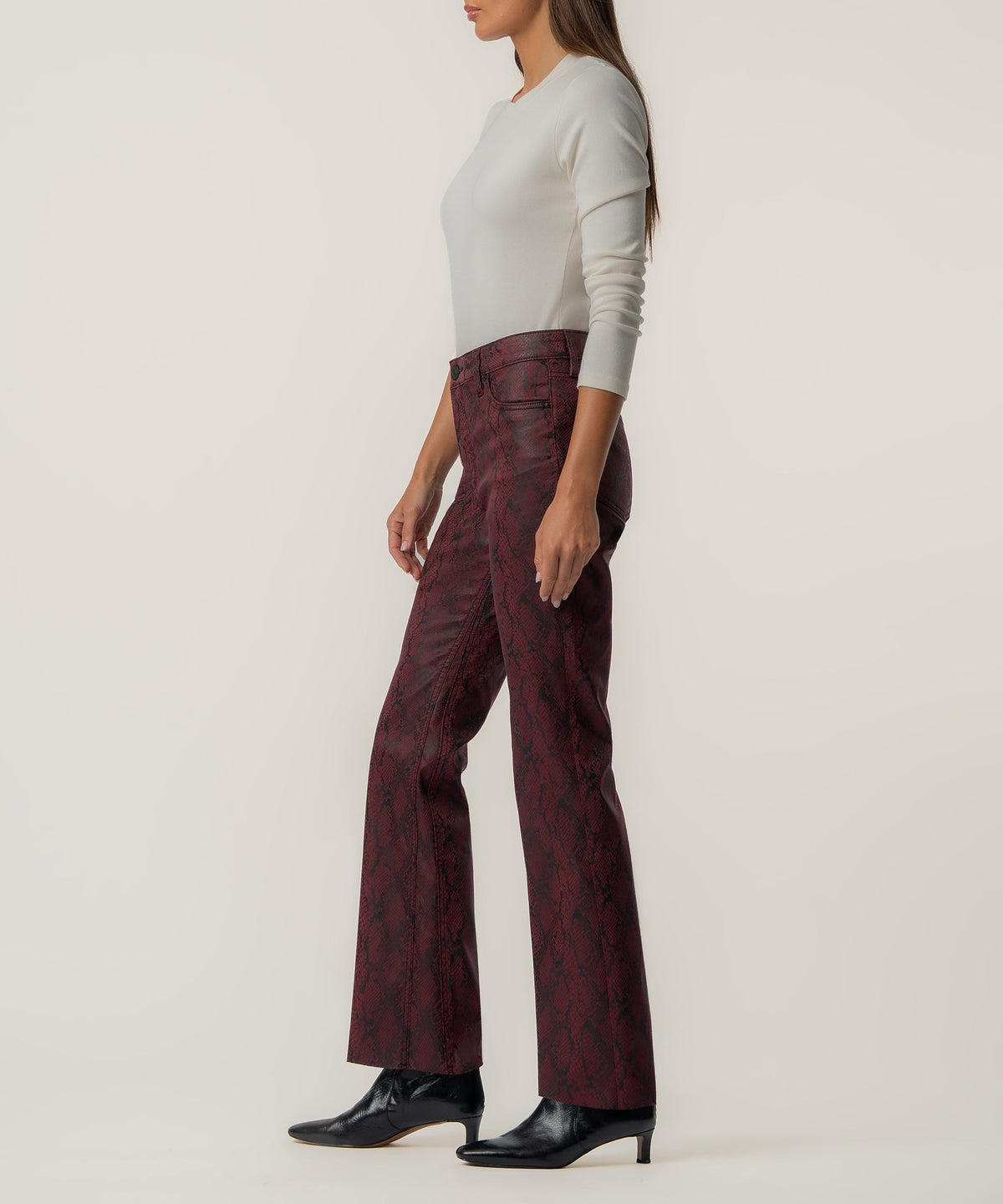 Kelsey Coated High Rise Ankle Flare in Burgundy